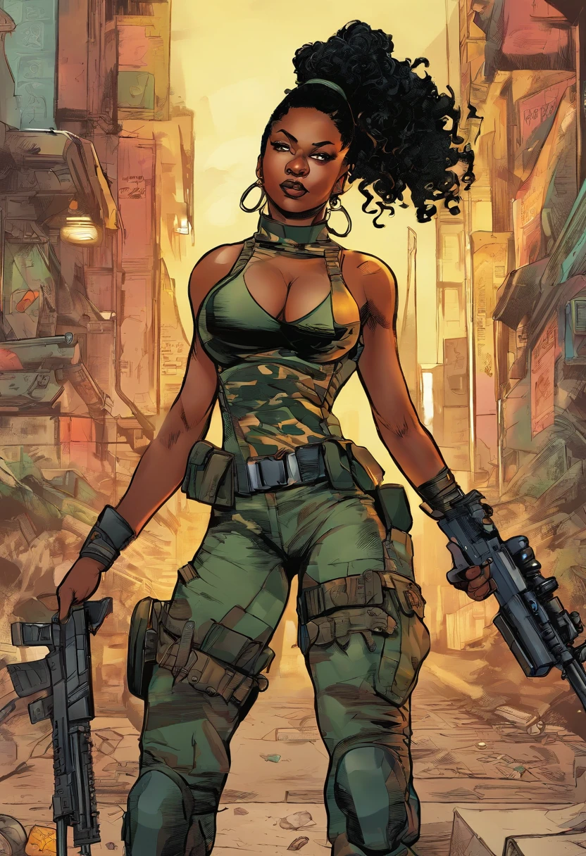 A black woman in combat attire,(best quality, highres, realistic:1.37), vibrant colors, intense lighting, detailed face and physique, strong and confident stance, urban background, dramatic shadows, skilled and focused expression, military-grade equipment, gritty textures, dynamic composition.