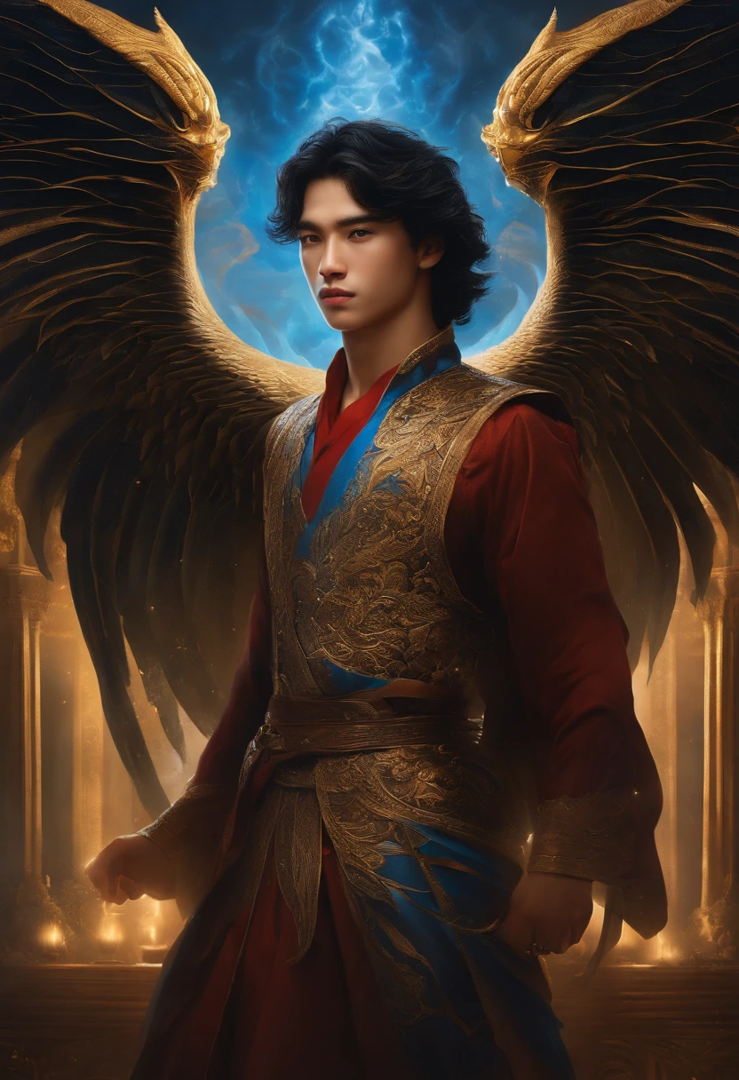 It's an elaborate and intricate fantasy portrait that depicts a robust and determined -year-old with aura, a huge bright blue light behind him, cabelo preto brilhante, Dragons and phoenixes flying, luz dourada, Estilo de artes marciais chinesas.