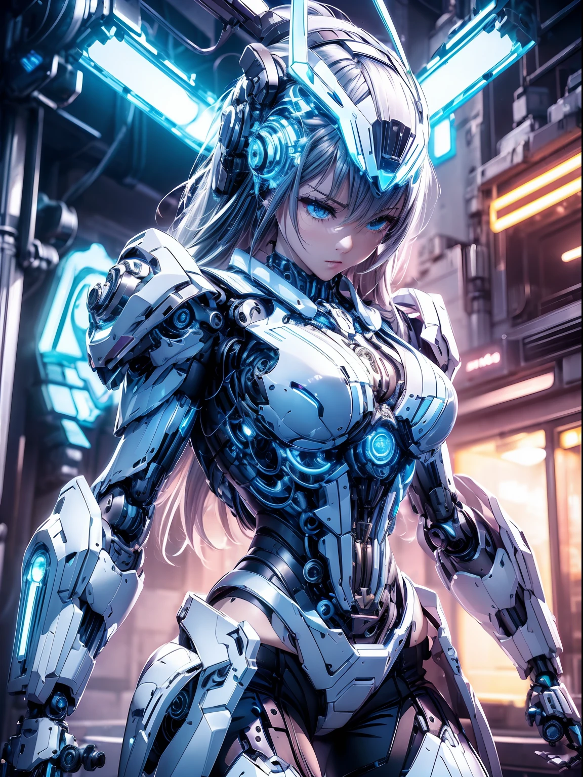 absurderes,(​masterpiece、top-quality、8K ),intricate detailes,ultra-detailliert、1 Beautiful, And a woman of perfect proportions,(Machine Girl 1.3),Purple long hair,cleavage,Navel,Stomach,(Mechanical body,mechanical arms :1.4),(greenr&Silver metallic body:1.3),Neon Light Parts,Red glowing neon lights,Blue Glowing Neon Lights、Mechanical headgear ,(Cyberpunk ),(Fighting stance:1.2),Hyper realistic,Perfect Anatomy