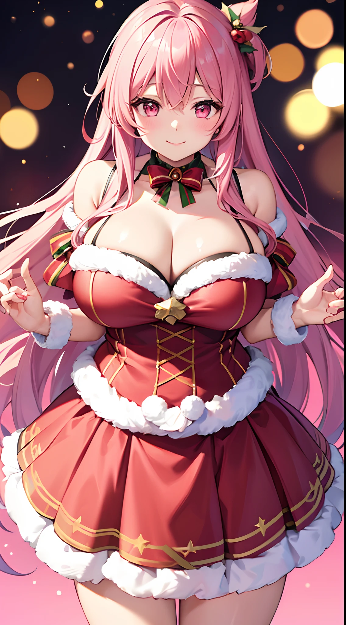 1 girl, game CG, mini Santa Claus clothes, short skirt, cleavage visible, Christmas hair ornament, gigantic breasts, pink hair, long hair, straight hair, ahoge, pink eyes, Christmas background, smile, dynamic,