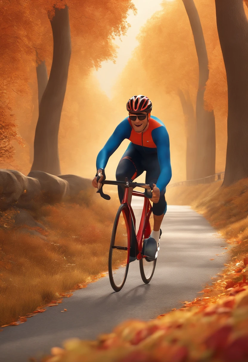 (best quality,3D rendering:1.2), Jovem andando de bicicleta vermelha em corrida ,estrada de terra ,Disney Pixar Style Poster, bicicleta, esportiva,3 d illustration, cores vibrantes, aventura, viagem, dynamic pose, arousal, Youthful spirit, velocidade, vento soprando, Detailed rendering, mostrar a sabedoria e a energia do personagem, nostalgic atmosphere, capa de filme DVD. Autumn just come with me.Ciclista feliz disney pixar alta qualidade