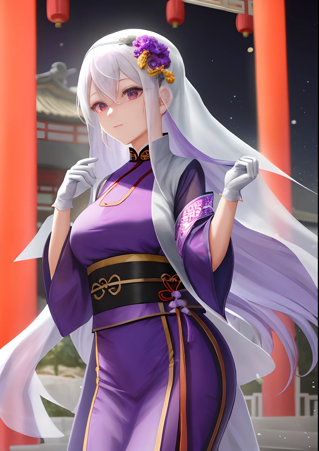 A woman，White hair，Wear purple Hanfu，Wear long white gloves