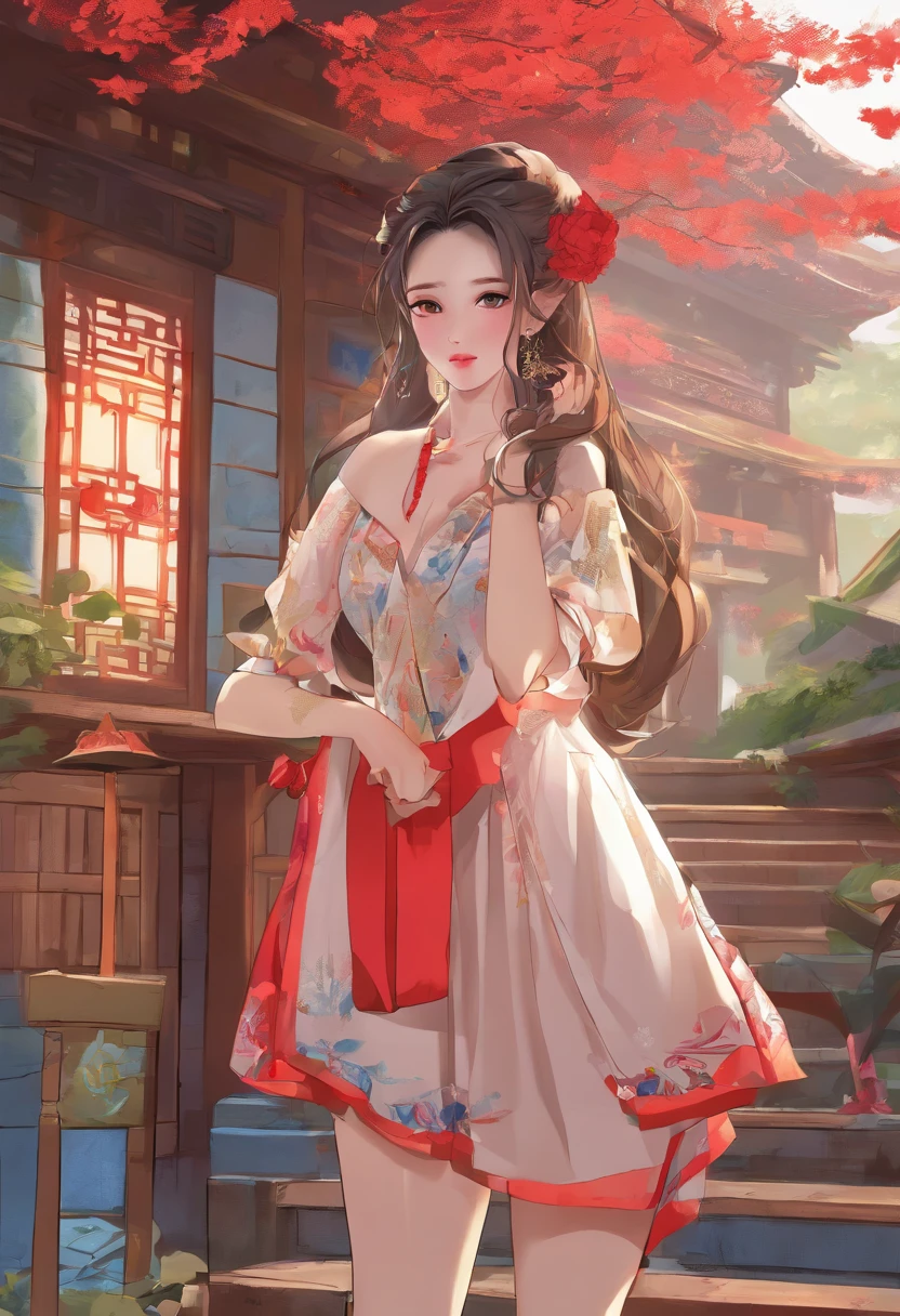 nsfw, 8K raw photo, Best quality, masterpiece, ultra high res, looking at viewer, (long brown hair:1.2), natural skin texture, realistic eye and face details, rouge (makeup), full lips, parted lips, lipstick, beautiful legs, tall female, skinny, slim_legs, thigh_gap, model, medium breasts, Chinese style courtyard, outdoors, China Dress,