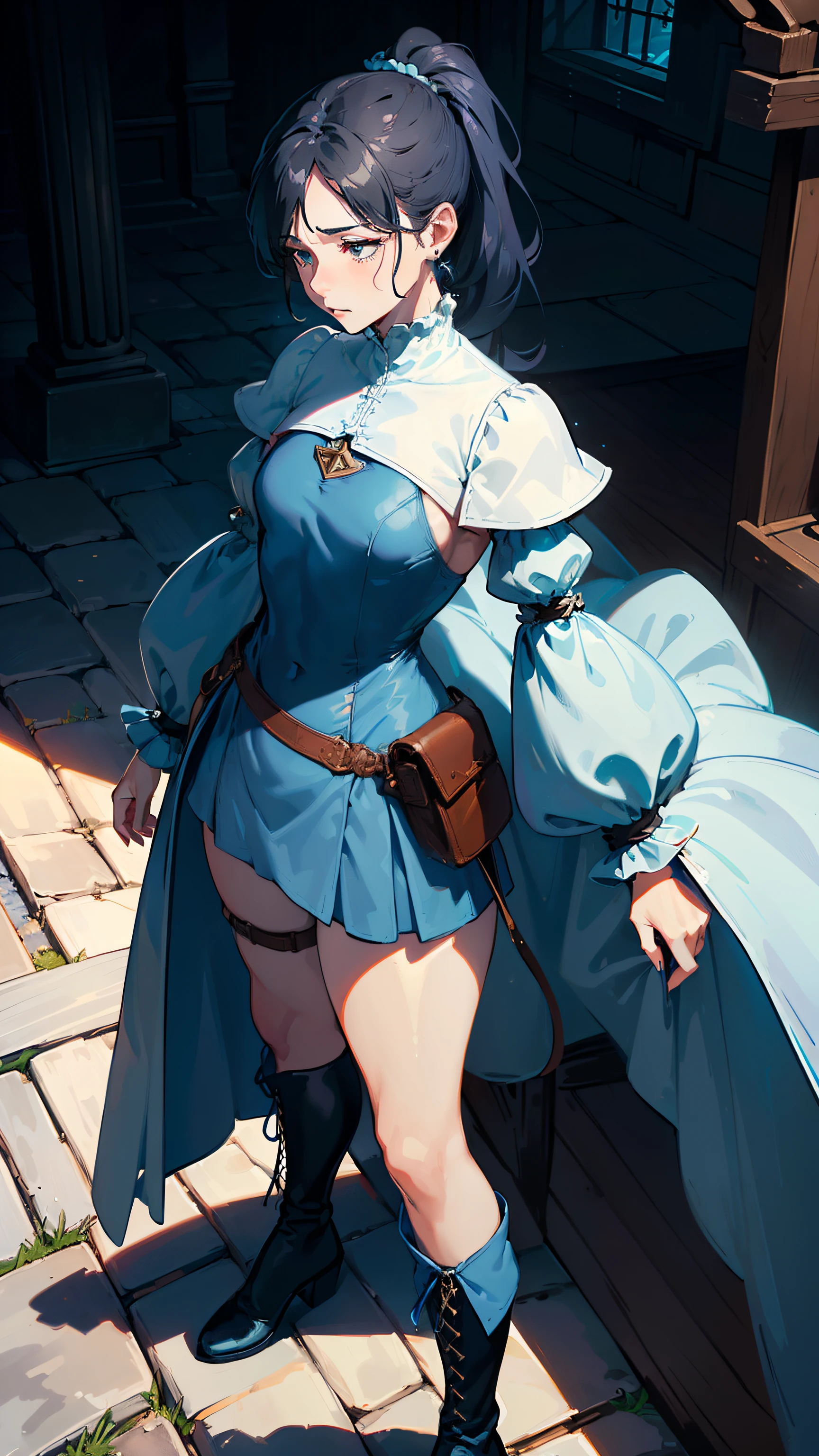 (((((middle-aged women))))), masterpiece, super detailed, 8K portrait, RAW photo, portrait photography, highly detailed face, ((fantasy)), 1 female, (((short woman))), (((magician))), (((((nervous look))))), (((stand with legs spread apart))), (((A face full of errors))), 33 years old, (((slut))), (((((smell of pussy))))), (((bad smell))), (((Black little eyes))), (((long straight black hair))), ((low ponytail)), (((Sideburns hide a long face))), Larger earrings, (((white skin color))), (((((Dull blue ultra-fitted one-piece dress with puffy sleeves and micro-flare skirt))))), double big button, (((black silk cloak))), (((little waist hip pouch))), (((leather boots))))), (((Equip a long wooden stick))), midday sun, surreal, ((((flat chest)))), (((thick thighs))), long legs, In the medieval adventurer's guild, environmental lighting, shadow details , Focus the camera on the thigh, strong wind, light fog