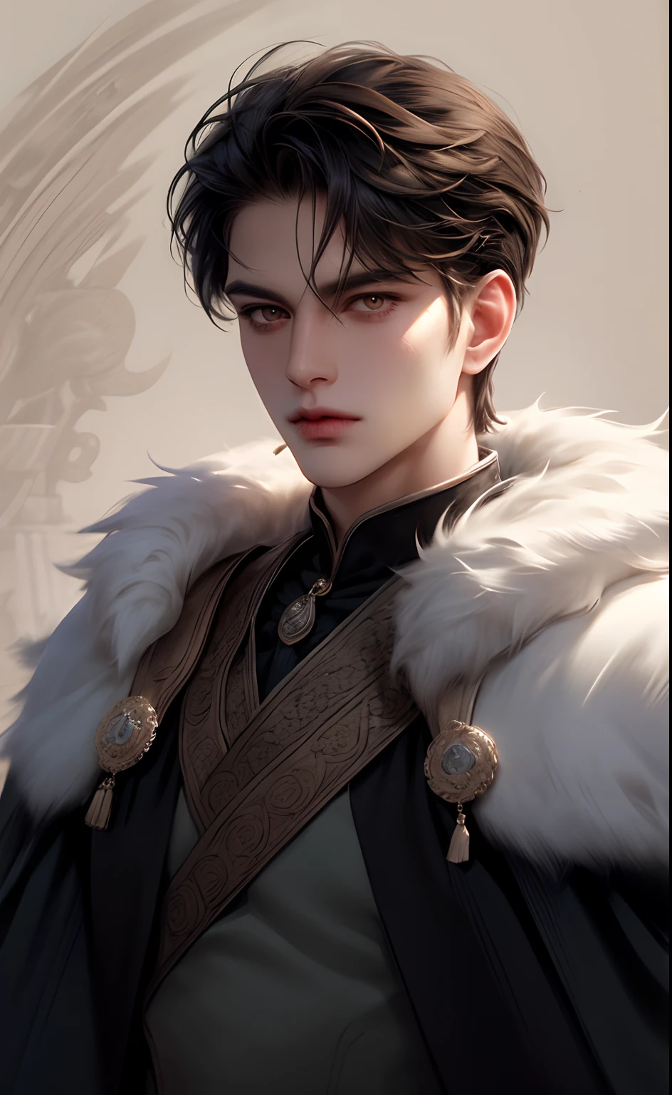 (masterpiece,best quality,ultra_detailed,highres,absurdres) (detailed shadow) (quality light),1 (mature) male, 30-ish, ((wide shoulder)) (muscles), male focus, solo, short black Quiff hair with Soft Fringe (bangs part on side 3:7 ratio), brown eyes (detailed eyes), upper body, short wavy hair, front view, manly wide face, parted lips, round eyewear, half body, fantasy, king suite, nobleman (white fur cloak), royal hall background (detailed background),