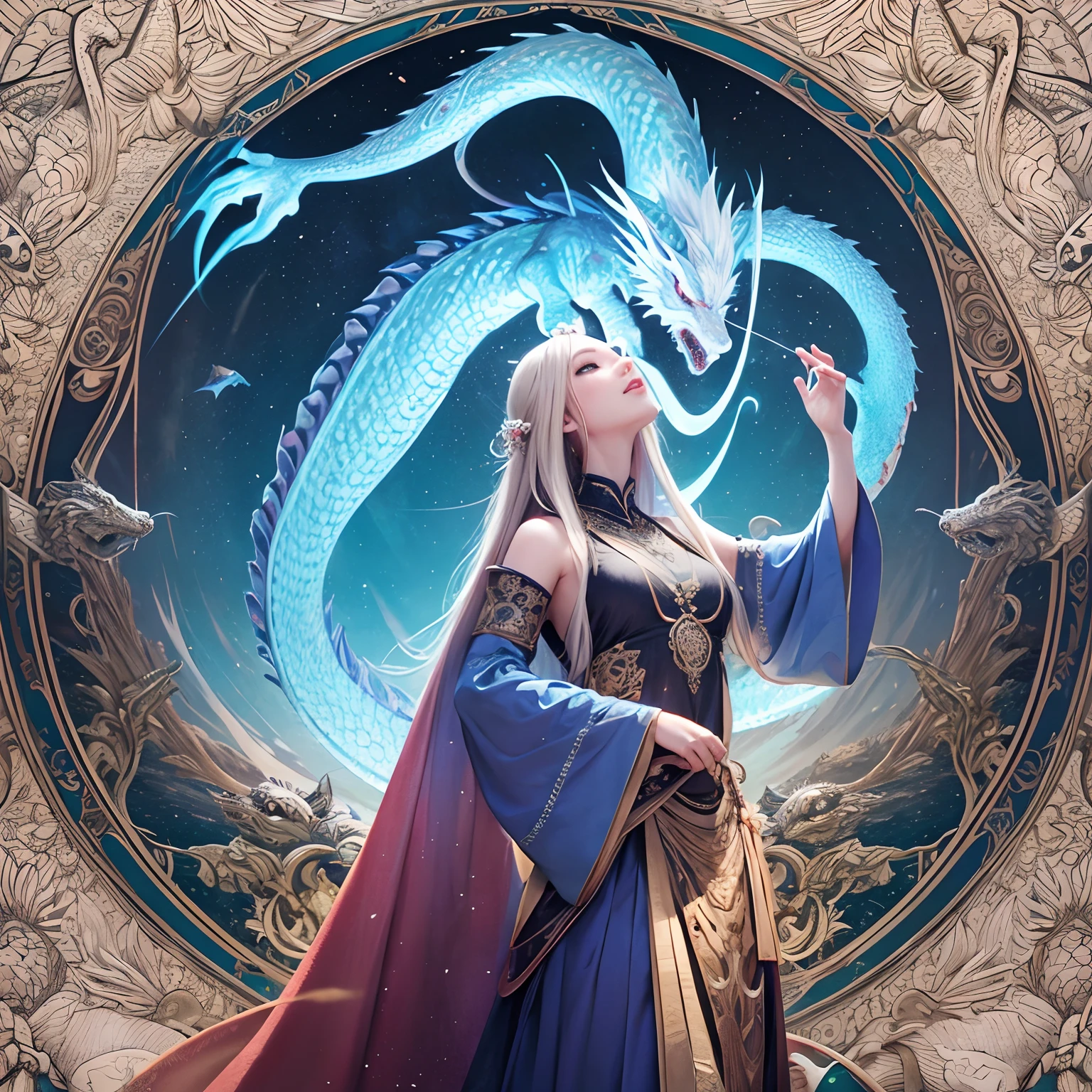 Infinity, Beautiful mandala art background, glinting, Beautiful dragon girl looking up , With the White Dragon
