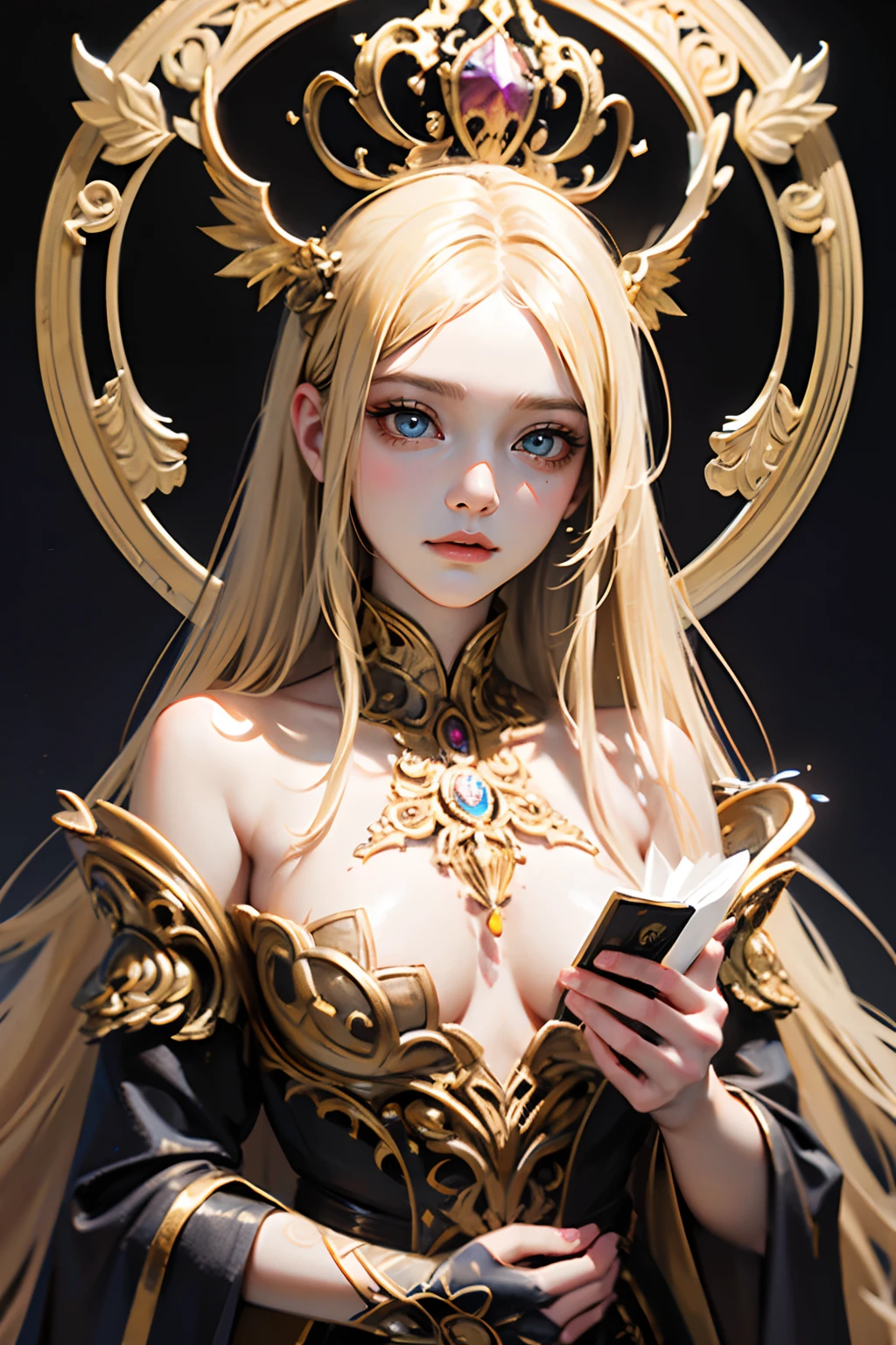 (skeleton like:0.4), ((female ornate princess)), young face, (with blonde long flowing hair), (bright beautiful eyes), trending on artstation, flowers of hope by Jean-Honor Fragonard, Peter mohrbacher, hyper detailed, insane details, stunning, intricate, elite, art nouveau, ornate, liquid wax, elegant, extravagant, luxury, Greg Rutkowski, ink style, sticker, vector-art, beautiful character design, double exposure shot, luminous design, award winning, masterpiece, amoled black background, (full torso)