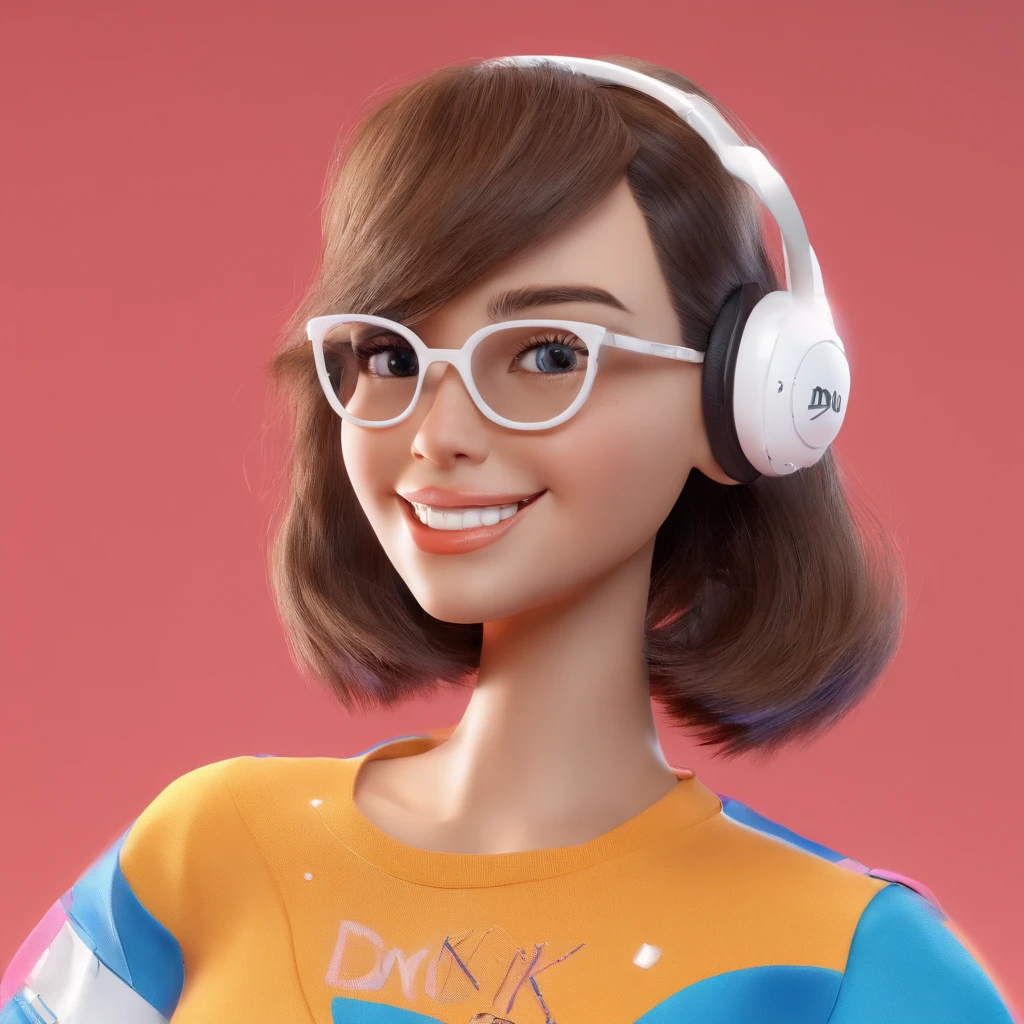 A 25-year-old woman looking at the camera, com unhas bem feitas, cabelos loiros, um sorriso lindo, wearing goggles, White T-shirt with the inscription 'Blink Models' in black letters, uma passarela ao fundo com um desfile de moda, um computador ao lado, hiper-realista, estilo 3D Pixar