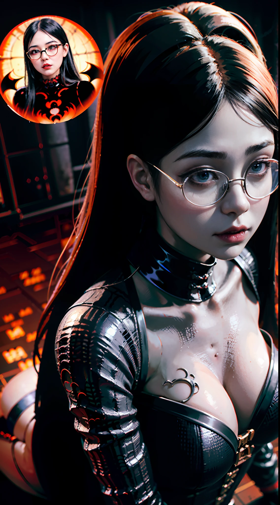 Wearing glasses、there is a woman in a corset posing for a picture, goddess of Japan, seductive tifa lockhart portrait, an oppai cyberpunk, The seductive beauty of glasses, biomechanical oppai, Tifa Lockhart, anaglyph effect ayami kojima, sakimichan hdri, gorgeous chinese model, 8k artgerm bokeh, cinematic bust shot, Hyper realistic anime、Photorealsitic、(High Detail Skins:1.2)、 (Intricate details, makeup, pureerosface_v1:0.5), (Detailed beautiful delicate face, Detailed beautiful delicate eyes, A perfectly proportioned face, High detailed skin, Detailed skin, best ratio four finger and one thumb, arms below breasts, Tattoo with a red glow under the stomach、Awesome awesome, wide hips, smooth midriff, skiny and thin, __Fashion__, __hair__:1.25)、Digital SLR、 absurderes、1 beautiful devil woman from hell, surreal female portraits by David Hockney and Alphonse Mucha, Portrait of a seductive woman、Fantasy Art, Chinese Doll、Chinese actress、Dungeon、The dragon、Devil's Palace、Devil's Torture Chamber、natta、Dark style 、In the Dark、(Detailed spooky backgrounds:2), magia、Gray-haired 25-year-old girl in elaborate Superman costume、((((Huge glasses, Otaku Glasses, thick glasses, Round glasses)))),Black long sleeves, Covers the whole body, black capelet, big breastes, Generous cleavage, Black Superman Costume, Suit with black carbon fiber details, bent over (Butt pose during the exhibition:1.2), (Intricate details:0.9), (nffsw, Hyper-detailing:1.2), (natural skin textures, hyper realisitc, Soft light, sharp), Photos in RAW and 35mm formats.Dark radial background, nffsw, Meet beautiful girls, Look at the girl's body
