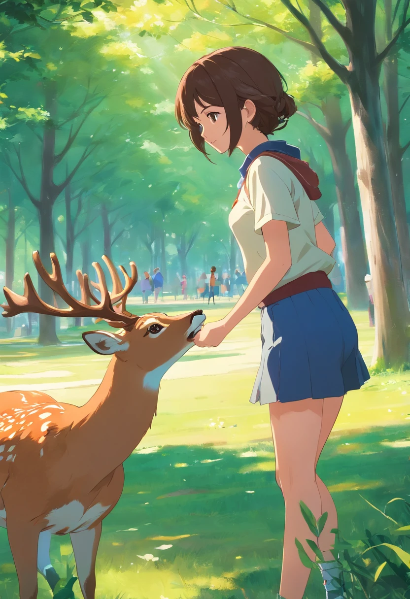 25 year old woman,brown hair, playing with a deer in the park