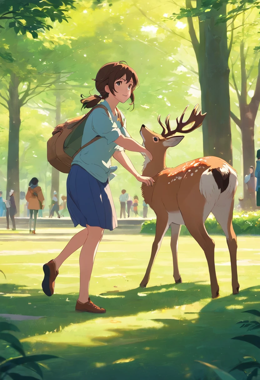 25 year old woman,brown hair, playing with a deer in the park