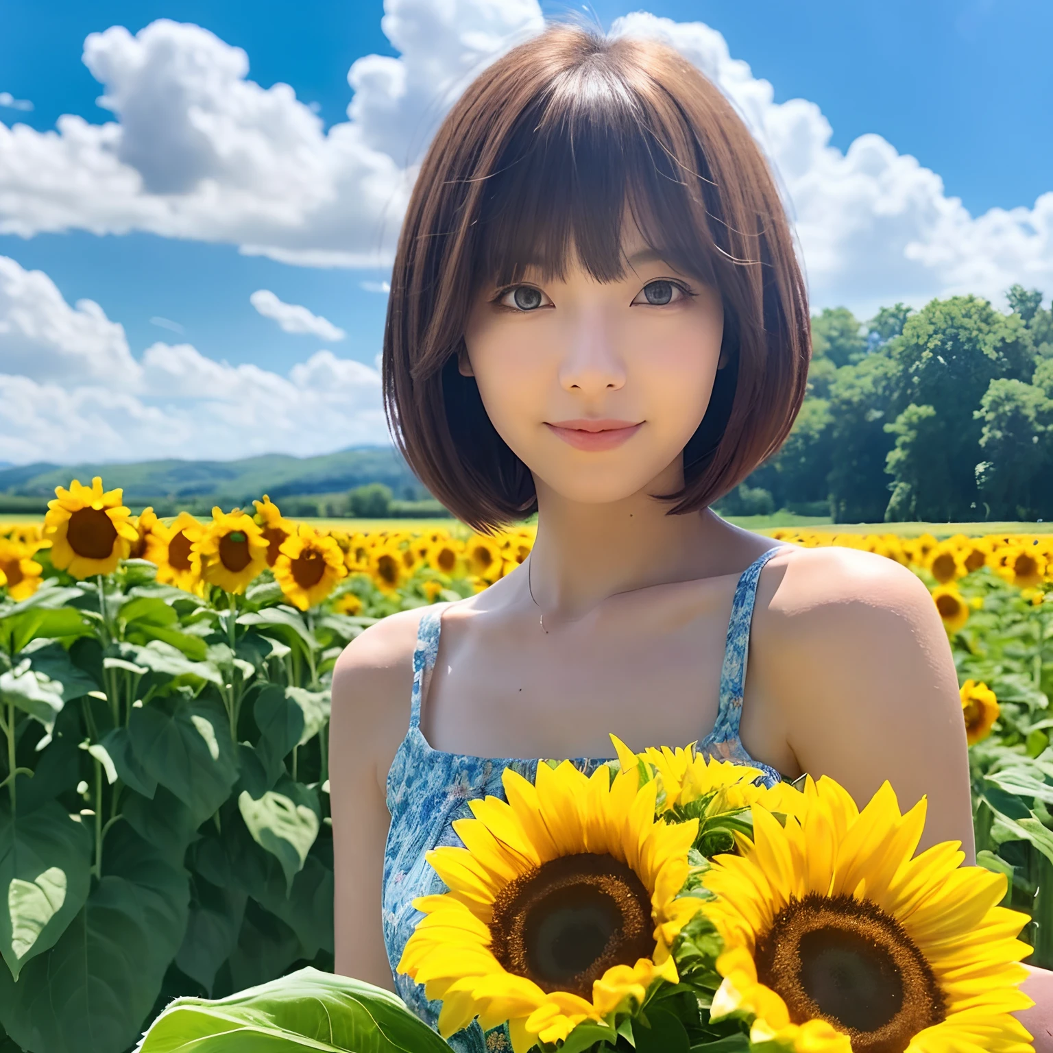 Best quality, ultra detailed, sunny, blue sky, beautiful lady, cute lady, Bob cut short hair, sunflowers