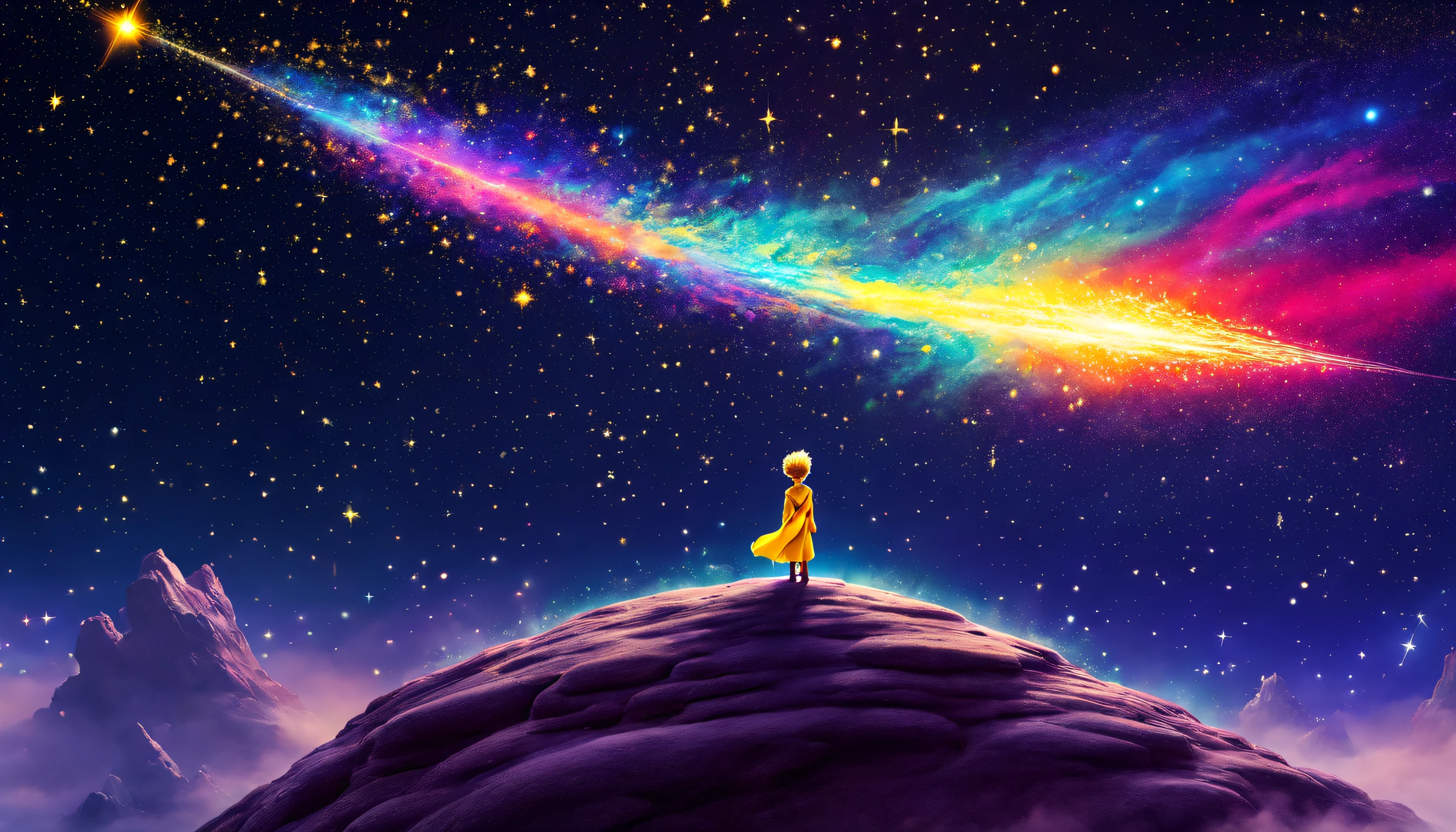 The Little Prince atop a majestic, multi-hued meteor, as it soars through the starry cosmos, showering vibrant celestial dust and evoking a sense of infinite awe and wonder.