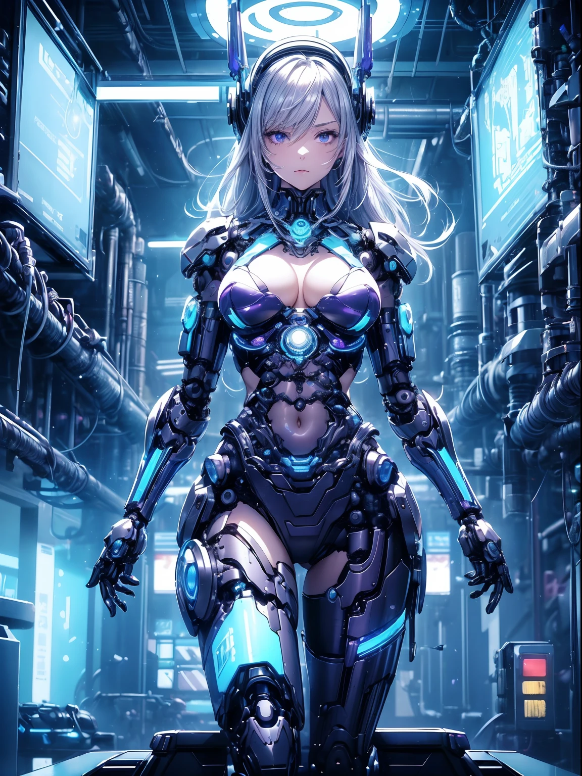 absurderes,(masterpiece、top-quality、8K ),intricate detailes,ultra-detailliert、1 Beautiful, And a woman of perfect proportions,(Machine Girl 1.3),Purple long hair,cleavage,Navel,Stomach,(Mechanical body,mechanical arms :1.4),(greenr&Silver metallic body:1.3),Neon Light Parts,Red glowing neon lights,Blue Glowing Neon Lights、Mechanical headgear ,(Cyberpunk ),(Fighting stance:1.2),Hyper realistic,Perfect Anatomy