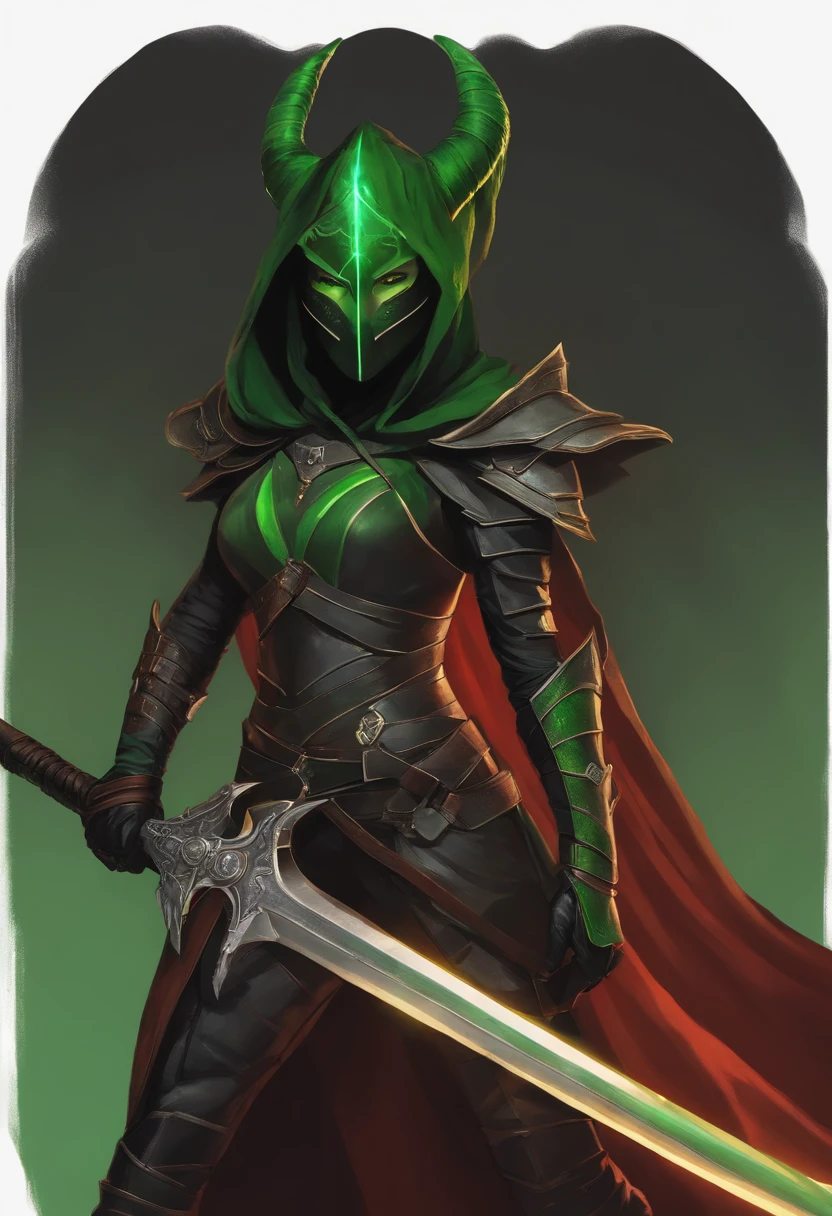 female tiefling in armor carrying a sword, black hair and glowing green eyes, with a hood and a mask