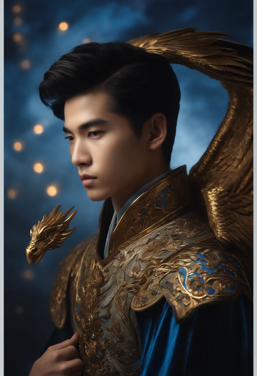 It's an elaborate and intricate fantasy portrait that depicts a robust and determined -year-old with aura, a huge bright blue light behind him, cabelo preto brilhante, Dragons and phoenixes flying, luz dourada, Estilo de artes marciais chinesas.