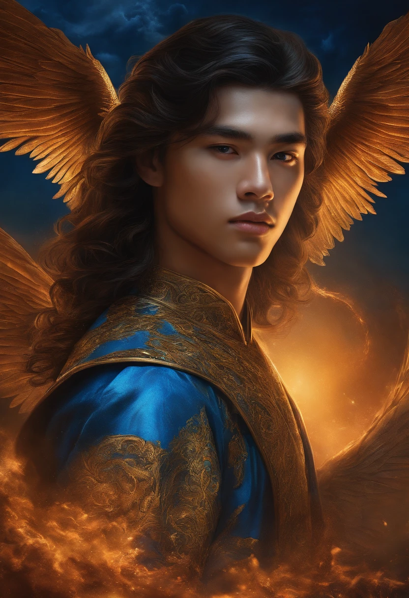 It's an elaborate and intricate fantasy portrait that depicts a robust and determined -year-old with aura, a huge bright blue light behind him, cabelo preto brilhante, Dragons and phoenixes flying, luz dourada, Estilo de artes marciais chinesas.