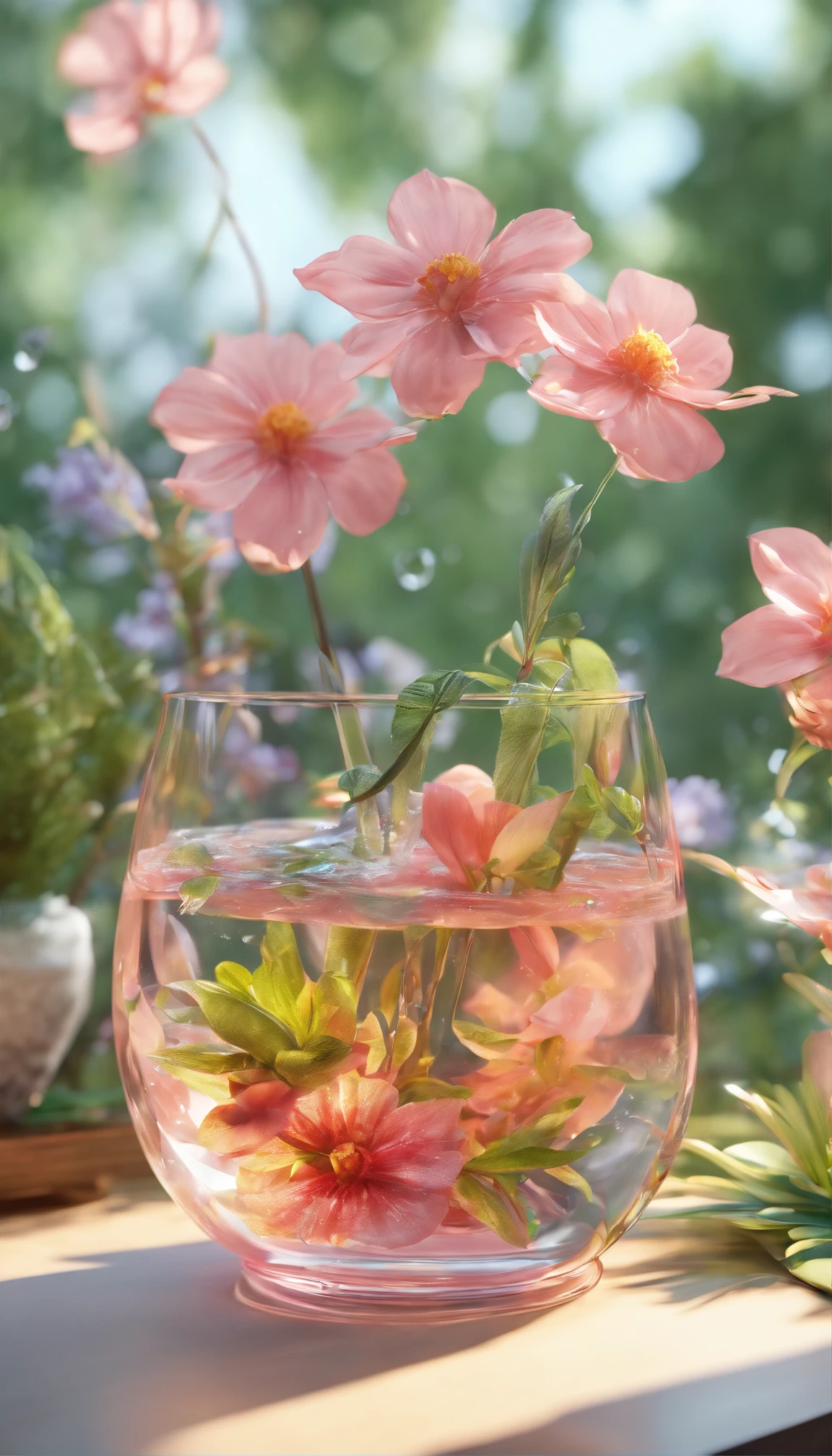 Close-up of transparent water cup in the middle，Surrounded by an environment of flowers and plants