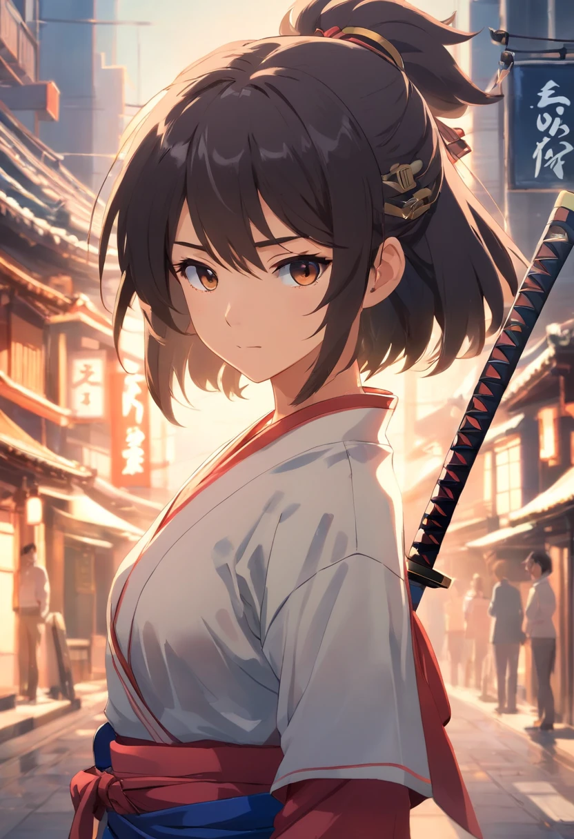 Garoto de branco usando uma mascara demoniaca com uma roupa de samurai preta, com uma katana quebrada