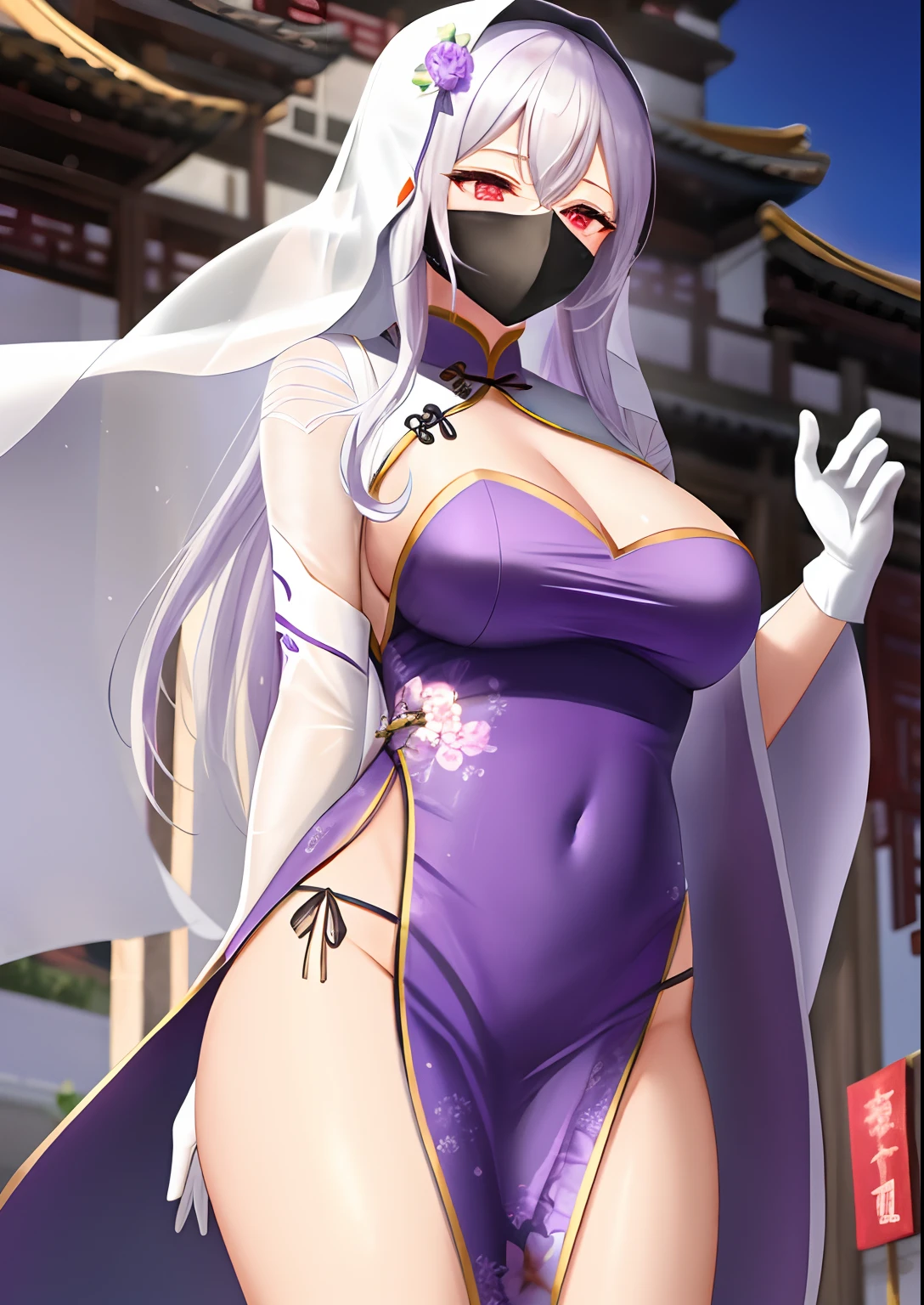 A woman，The veil covers the face，White hair，Wear purple Hanfu，Wears white gloves over the elbows，Chinese Ancient Architecture