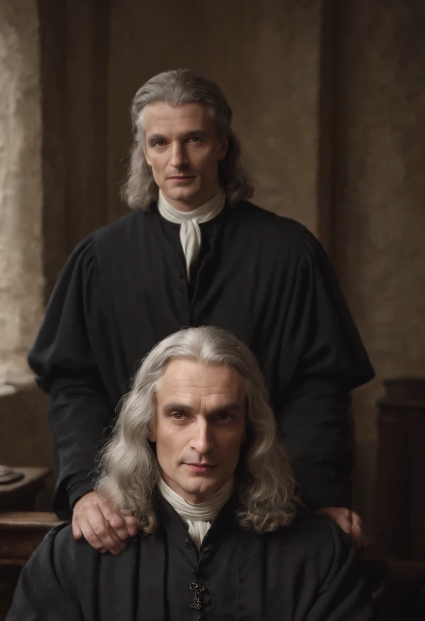 Image from a motion picture film, Portrait of Isaac Newton, physicist, Looking perfect front position sitting on a chair and in front of you a table, orgulhoso, Bold strokes, horizontes distantes, legado ancestral, fotorrealismo, efeito bokeh, detalhes intrincados, Hyper res, Canon EOS R6 Mark II, premiado, profissional, 8k, estilizado 1000, caos 20, Perfect Front Composition, Beautifully detailed and intricate rendering, in high trend on Artstation, 8k artistic photography, arte conceitual fotorrealista, soft, perfectly volumetric natural light, chiaroscuro, fotografia premiada, obra-prima, oil on the canvas, Raphael, Caravaggio, Greg Rutkowski, Beeple, Beksinski, Gige