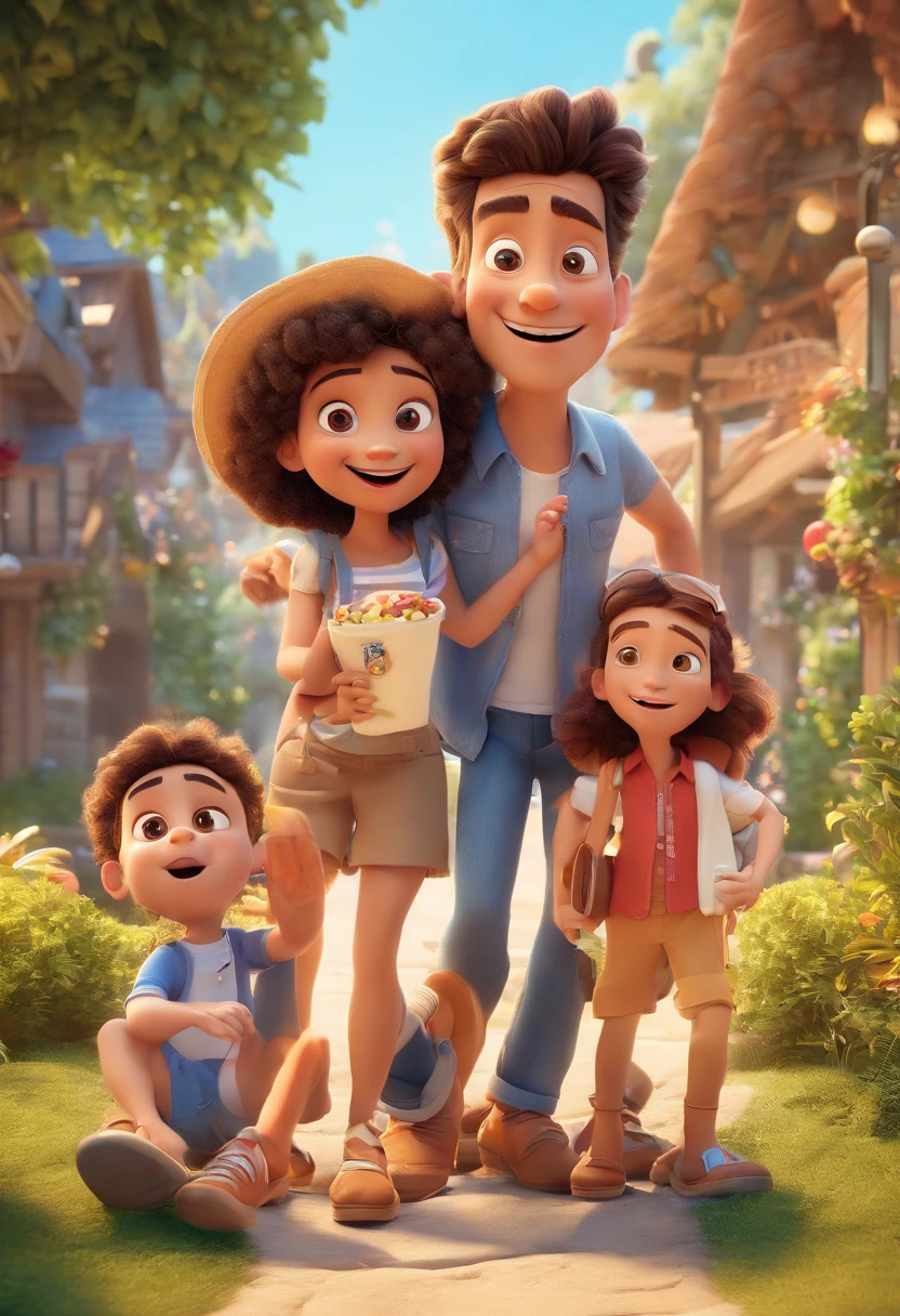 Cartoon of family having fun on vacation together, 3D Animation Movie Poster, Poster de filme animado, pixar 3 d animation style, pixar renderman rendering, maia 8 mil, animated film, Disney Pixar Estilo 3D, Happy family hang out together, all wearing light blue shirts and cream brown long pants, camisa azul clara, cream brown pants, ao ar livre, vacation, Disney Pixar Animation Poster