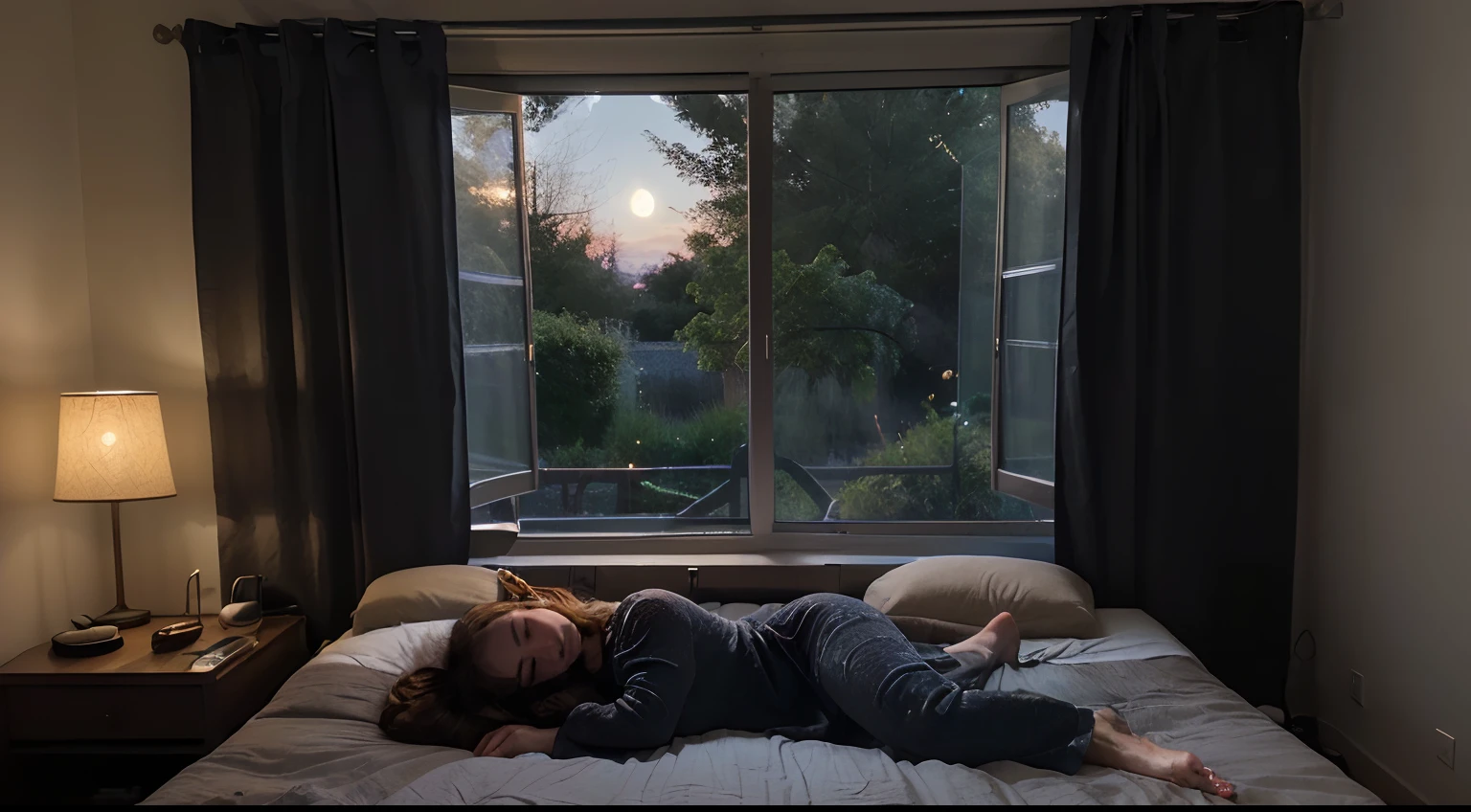 Imagine a soft, soothing illustration of a Beautiful girl was sleeping on a comfortable bed, eyes closed, black pajamas. The room is plunged into darkness, except for soft light emanating from a bedside lamp near the bed, qui jette une lueur chaleureuse sur son visage paisible. Through the half-open window, The Starry Night Stretches Out, full moon, creating a magical contrast between the peaceful interior and the mysterious outside world. Light curtains move slightly with the night breeze, adding a touch of movement to this tranquil scene.