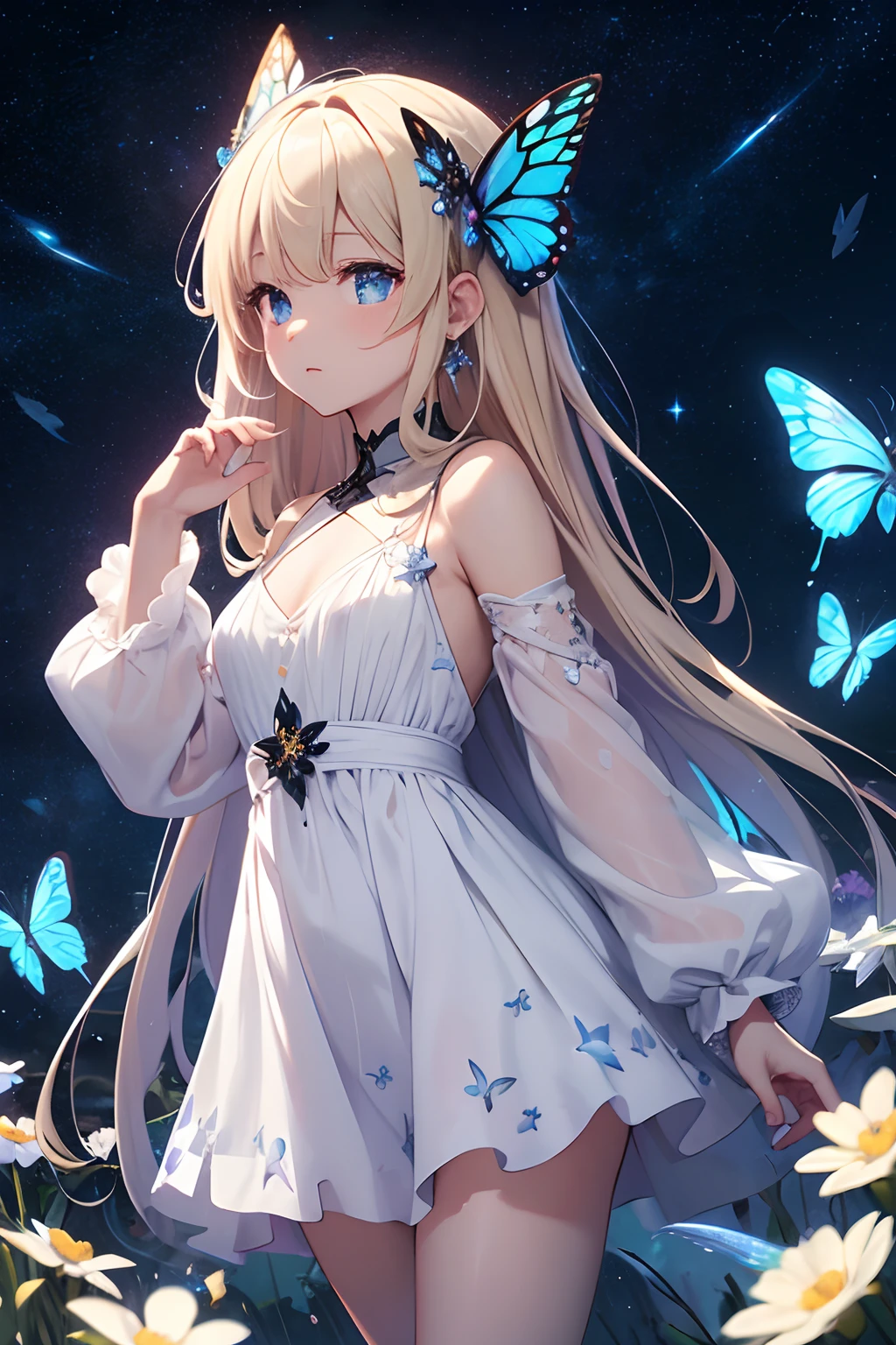 masterpiece、Background with((Fantastic starry sky、kosmos、black hole))、heavy wind、Standing in the distance、Butterflies in a white mini dress with a slit々Embroidery、Blonde Long、Butterflies with hair in a bun々Pin in、a beauty girl、(butterflys々emits light in iridescent colors)