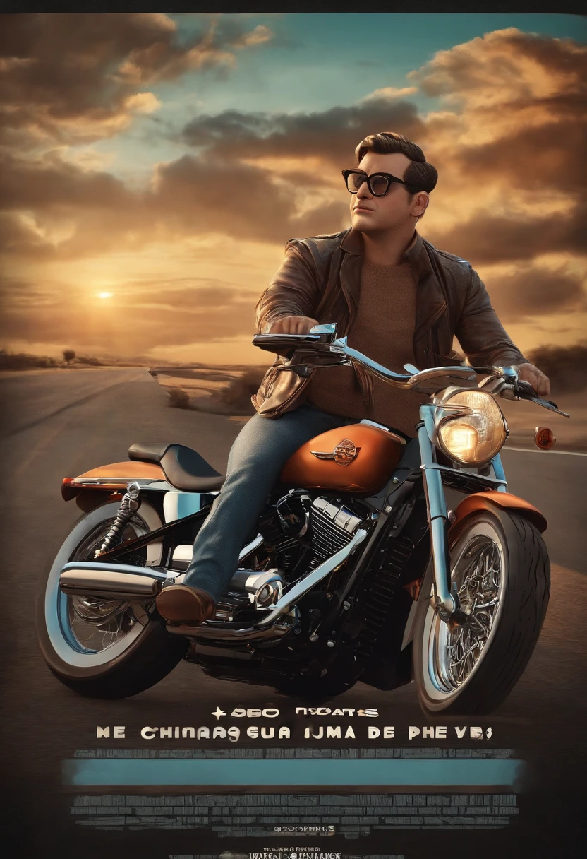 a 3D Disney Pixar style poster of a man with glasses, pilotando uma Harley Davison 883 em um passeio de motocicleta