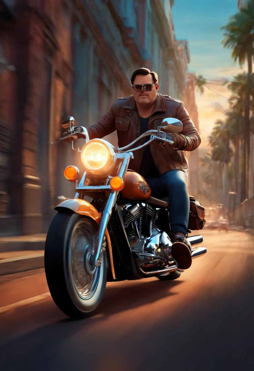 a 3D Disney Pixar style poster of a man with glasses,  pilotando uma Harley Davison 883 em um passeio de motocicleta