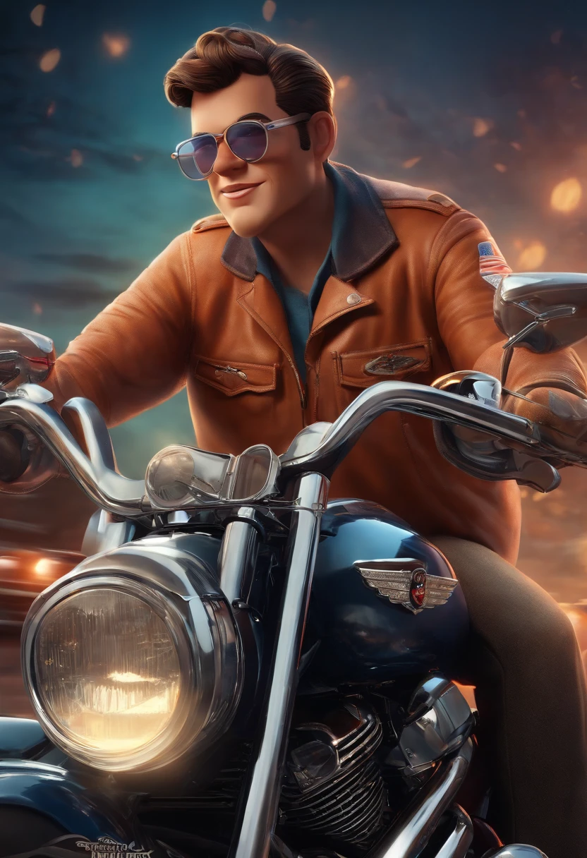 a 3D Disney Pixar style poster of a man with glasses, pilotando uma Harley Davison 883 em um passeio de motocicleta