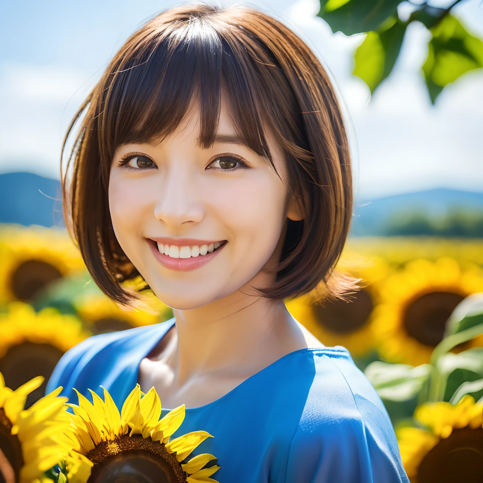 Best quality, ultra detailed, sunny, blue sky, beautiful lady, cute lady, smile ,Bob cut short hair, sunflowers