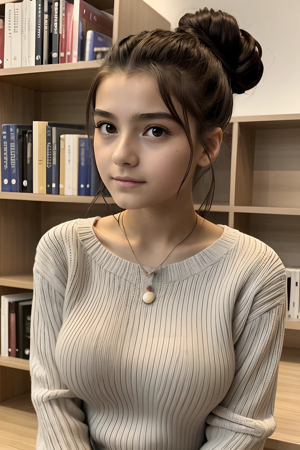 masutepiece、top-quality、hight resolution、Eleonora Pavinato, , photo of the youngest face in the room sweter z dużym dekoltemyou big beautiful bust girl black hair bun hair beautiful firm chest big comb oczami seksowna、atlibrary、Studying、big breast beauty