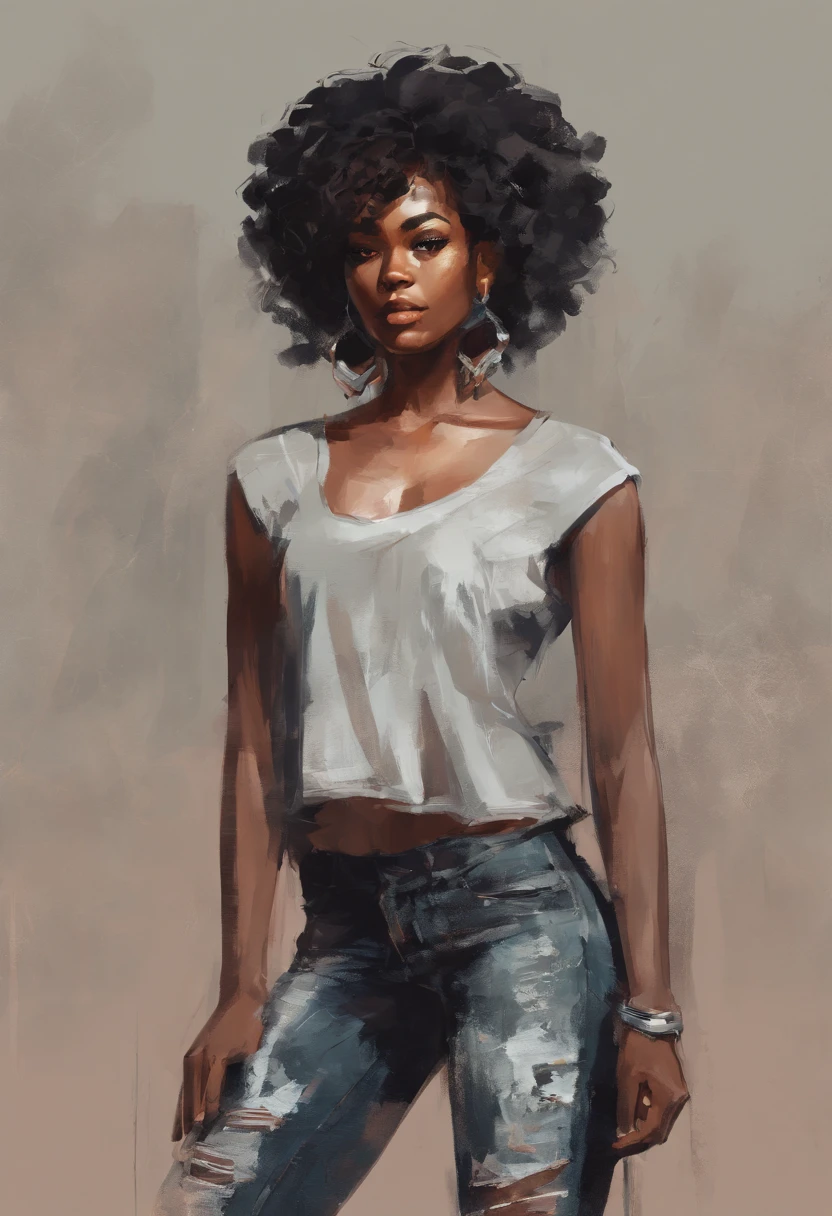 Portrait of black woman with straight hair wearing a crop top and ripped jeans