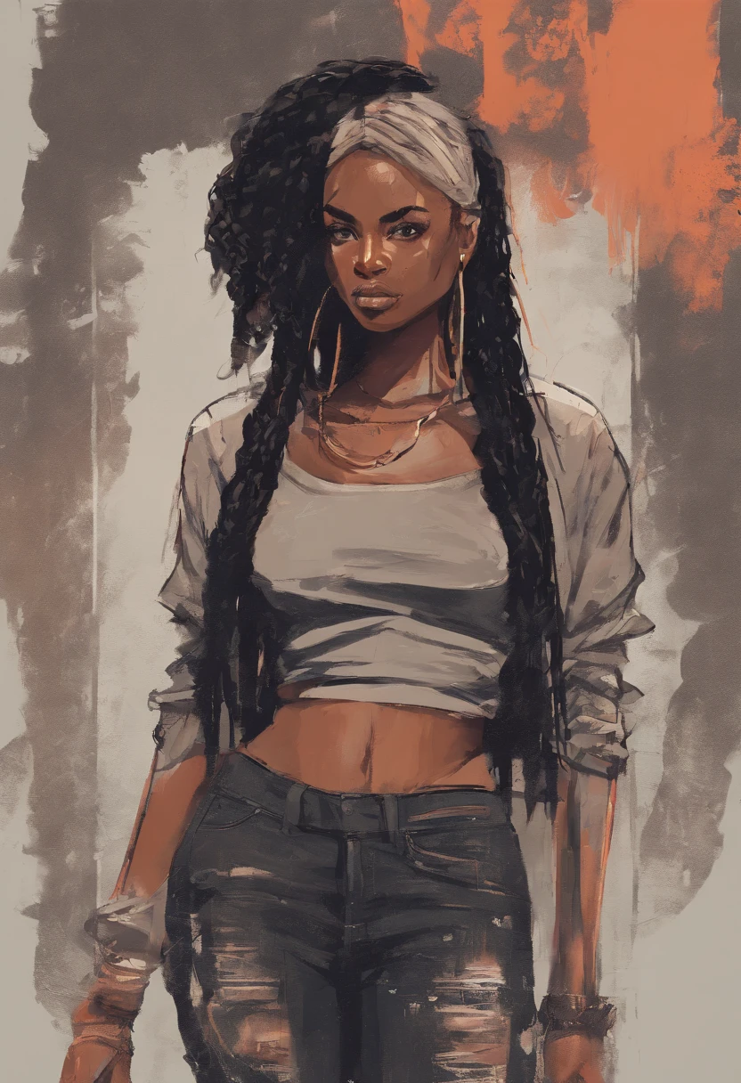 Portrait of black woman with straight hair wearing a crop top and ripped jeans