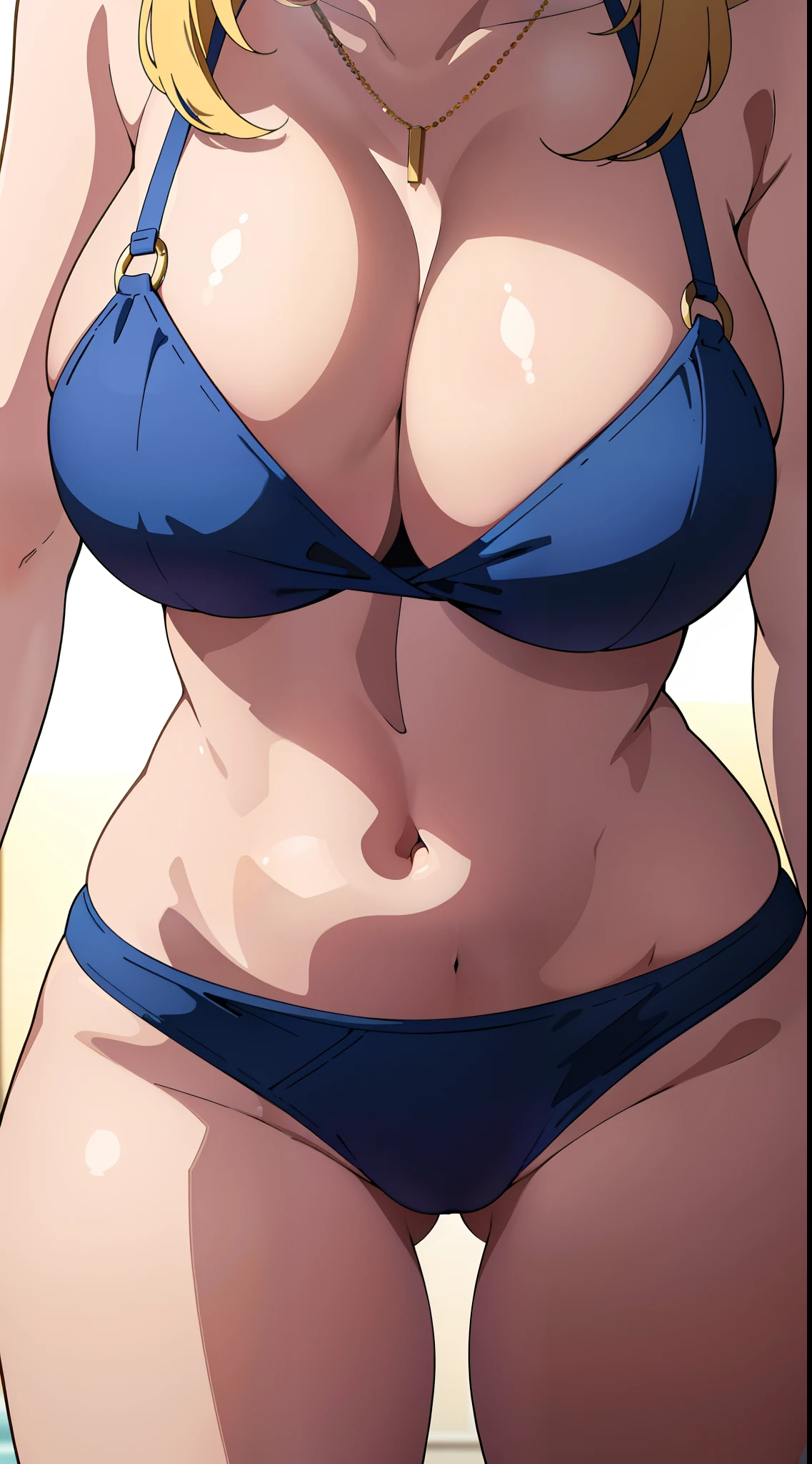 (best quality:1.5, highres, UHD, 4K, detailed lighting, shaders), blonde hair, (close shot, head out of frame), large breasts, cleavage, bikini, necklace, bracelets, thighs, crotch, sexy, erotic, lewd