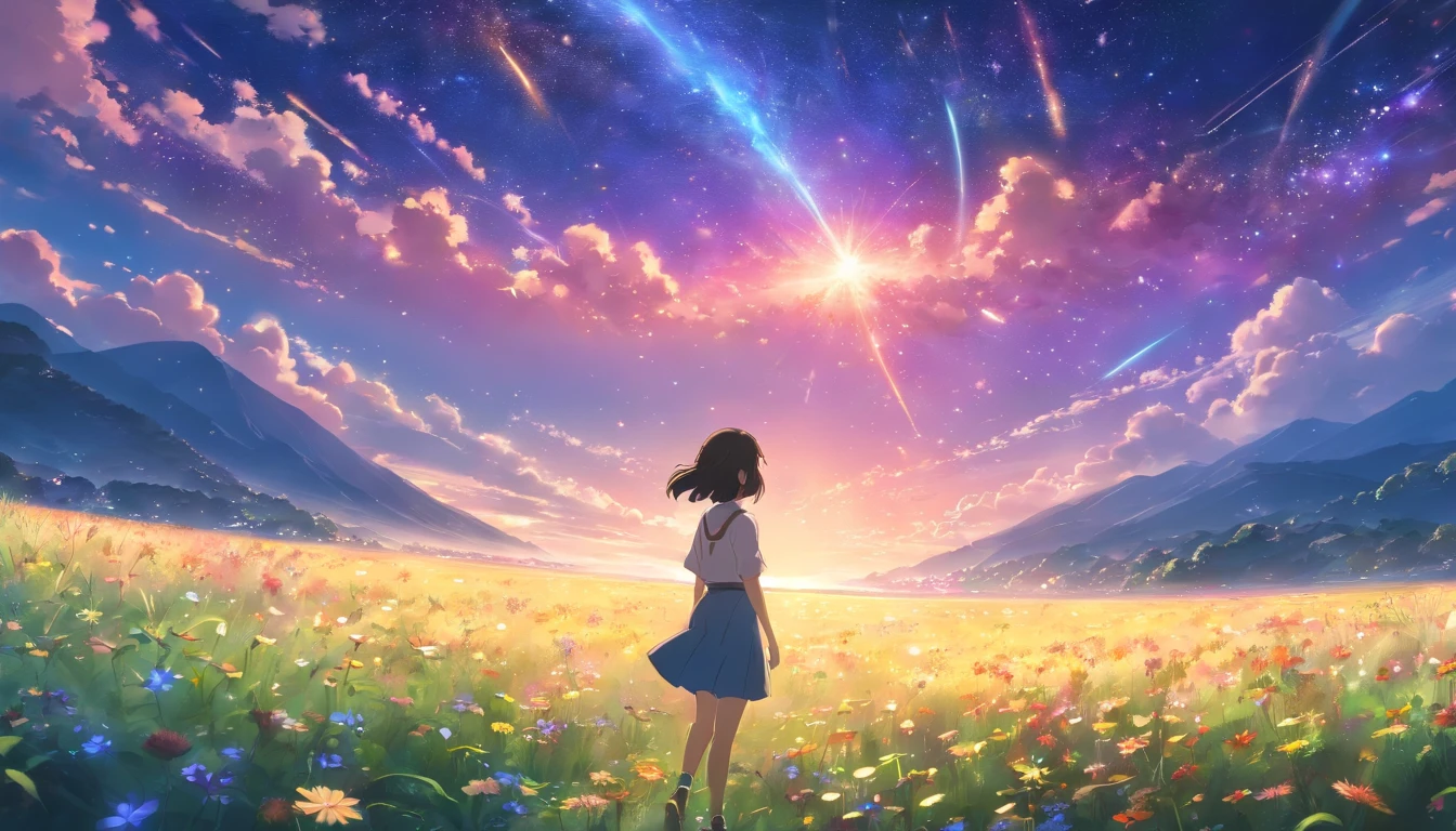 By Shinkai Makoto, Vast landscape photos , (a view from below that shows sky above and open field below), a girl standing on flower field looking up, ( shooting stars:0.9), (nebulas:1.3), distant mountain, Tree Break Production Art, (Warm light source:1.2), (firefly:1.2), apples,