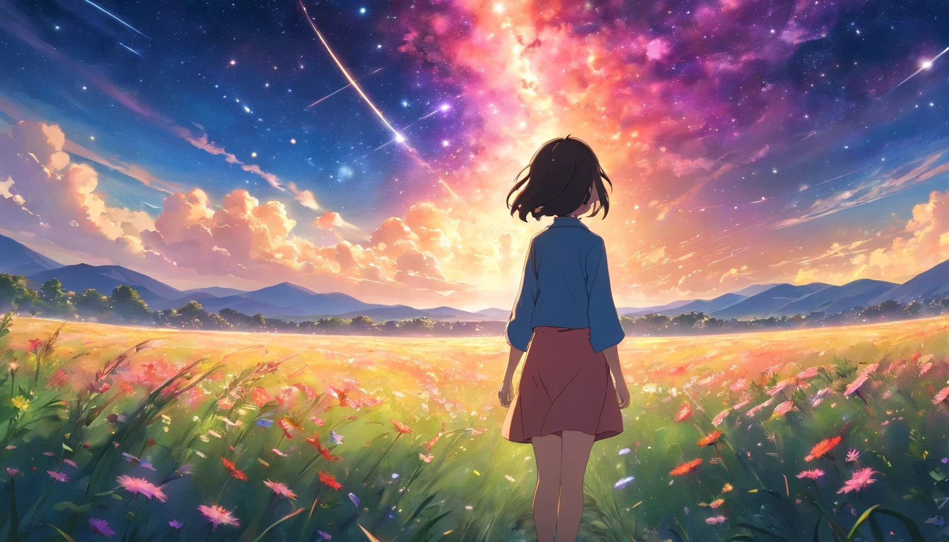 By Shinkai Makoto, Vast landscape photos , (a view from below that shows sky above and open field below), a girl standing on flower field looking up,  ( shooting stars:0.9), (nebulas:1.3), distant mountain, Tree Break Production Art, (Warm light source:1.2), (firefly:1.2), apples,