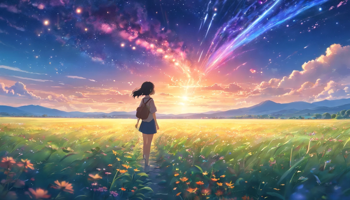 By Shinkai Makoto, Vast landscape photos , (a view from below that shows sky above and open field below), a girl standing on flower field looking up, ( shooting stars:0.9), (nebulas:1.3), distant mountain, Tree Break Production Art, (Warm light source:1.2), (firefly:1.2), apples,