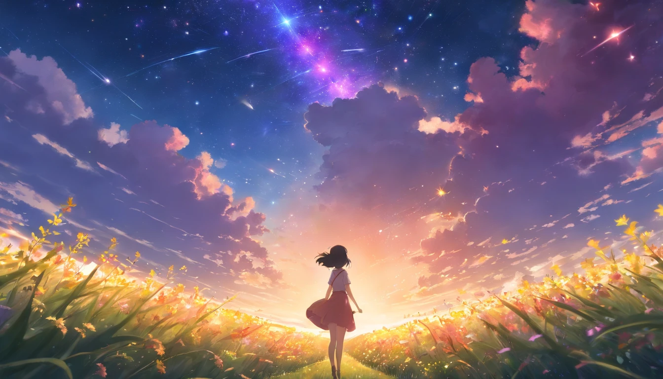 By Shinkai Makoto, Vast landscape photos , (a view from below that shows sky above and open field below), a girl standing on flower field looking up, ( shooting stars:0.9), (nebulas:1.3), distant mountain, Tree Break Production Art, (Warm light source:1.2), (firefly:1.2), apples,