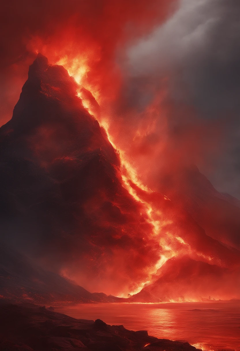 Faith Light Poster, Deviant art, sots art, official artwork, Light of Hell, Official Poster Artwork, ( ( Victoshai ) ), ,anime still film anime shikishi,Neza's painting style ,Compilation of Art,Troops advanced,Engulfed in red flames,red colored,A red volcano erupts in the middle