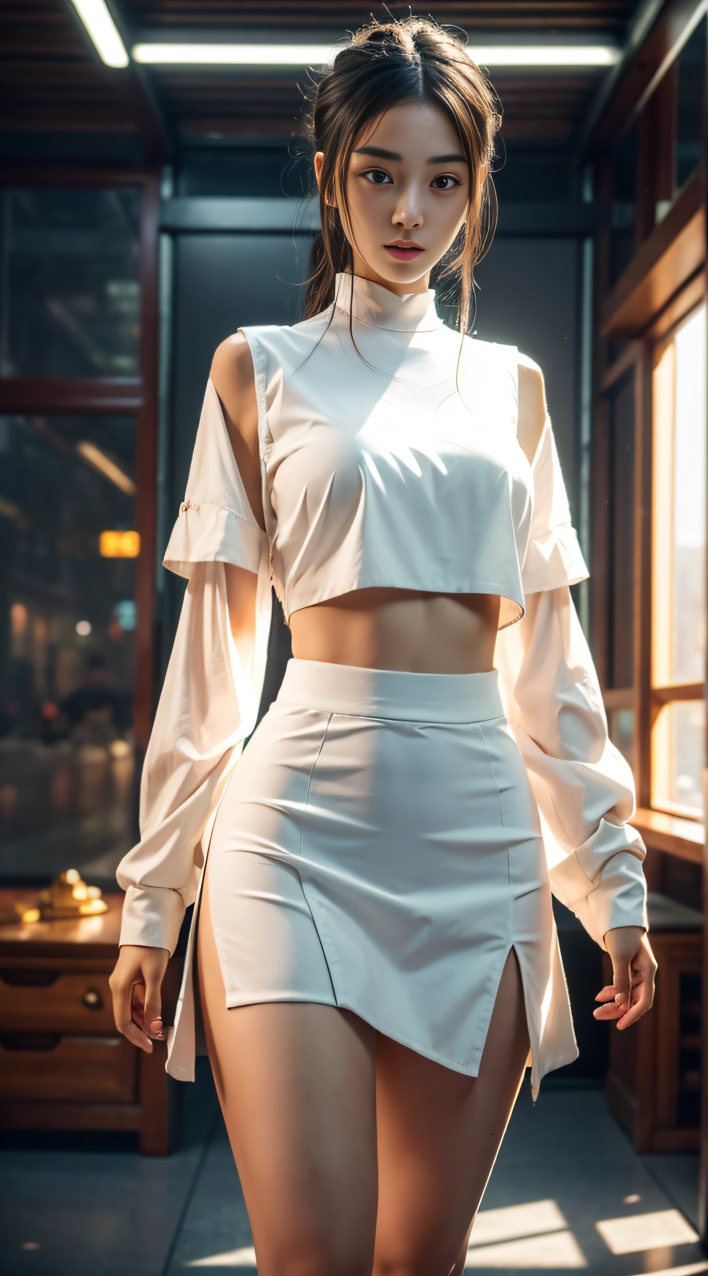 Black colored eyes，White skin of the，Stunning beauty，Delicate facial features，Jin Qiao's delicate facial features，Beautiful and moving，quadratic element，best qualtiy，tmasterpiece，超高分辨率，femele，long whitr hair，Plain white tight skirt，Sexy figure，Sexy and hot，Expose your figure，Solid white，Wearing a plain white miniskirt，White all over，Perfect curvy body，Plain white skinny miniskirt，Refined face，telephoto lenses，Faraway view，Depth of field，in a panoramic view，cyber punk perssonage，In front of large floor-to-ceiling windows，sense of science and technology，Mechanical World，hiyao miyazaki，Illustration strokes，(Masterpiece, Best quality, 1girll, exquisitedetails, color difference), detailed hairs, Blue highlights