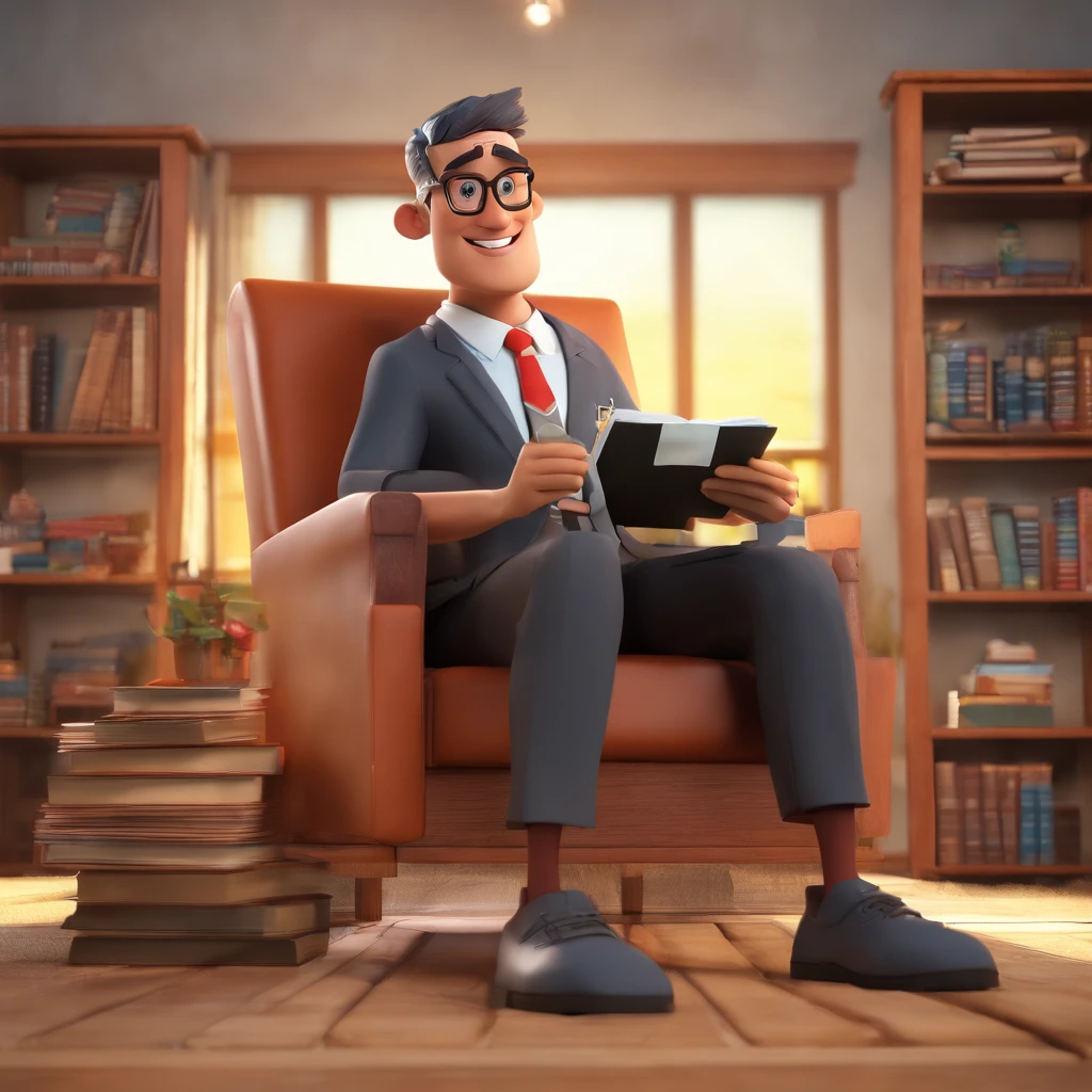 Crie um cartaz inspirado na Disney Pixar do filmes os incriveis, com o personagem sendo o advogado krooiff sampaio, Um homem de 47 anos de idade, alto com ropa social de advogado, Short hair a little black with gray wearing glasses, Sitting facing on chair in an office with hands crossed with smiling face. Behind him are books on labor rights and the following text is on the foot.: The Amazing Lawyer Kroooiff