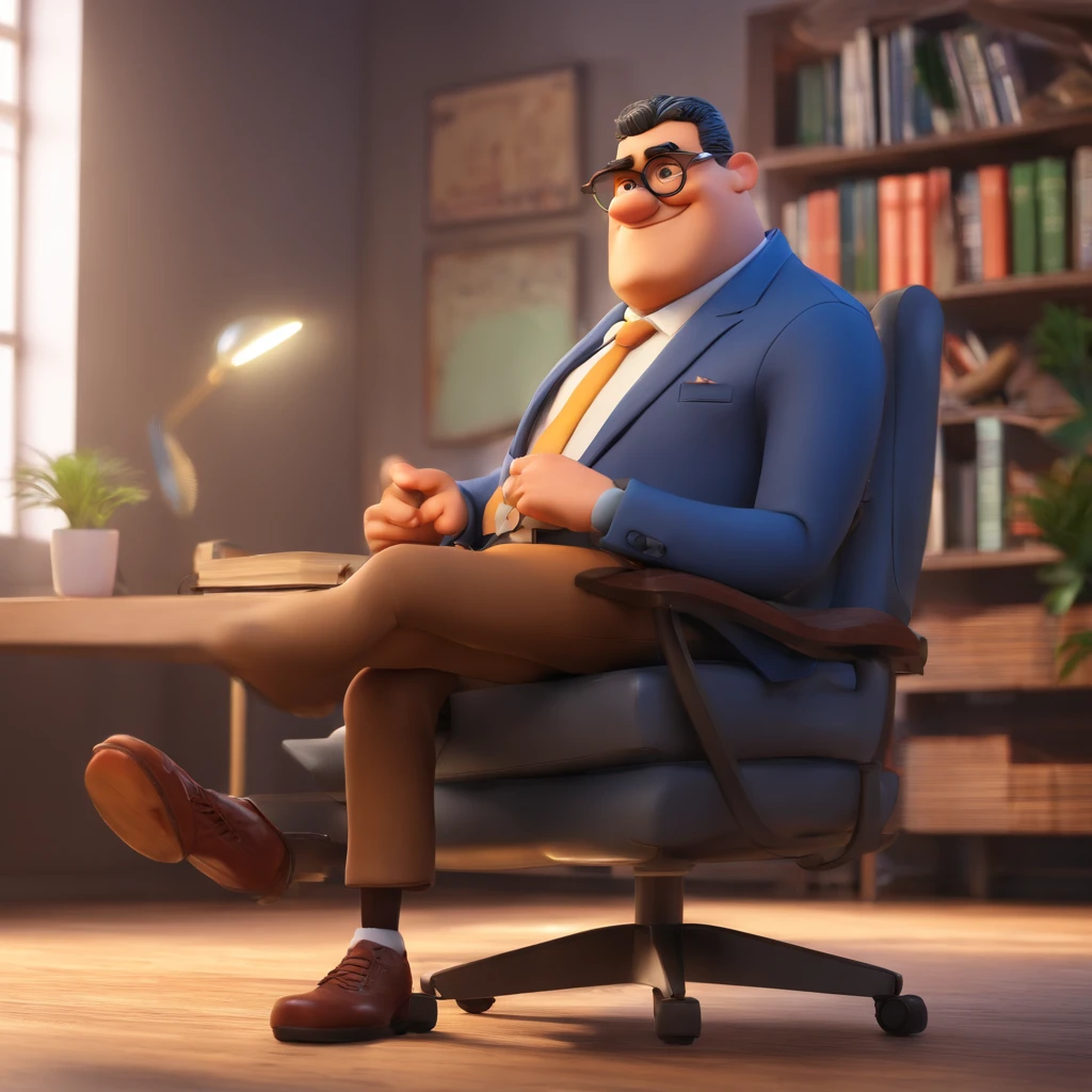 Crie um cartaz inspirado na Disney Pixar do filmes os incriveis, com o personagem sendo o advogado krooiff sampaio, Um homem de 47 anos de idade, alto com ropa social de advogado, Short hair a little black with gray wearing glasses, Sitting facing on chair in an office with hands crossed with smiling face. Behind him are books on labor rights and the following text is on the foot.: The Amazing Lawyer Kroooiff