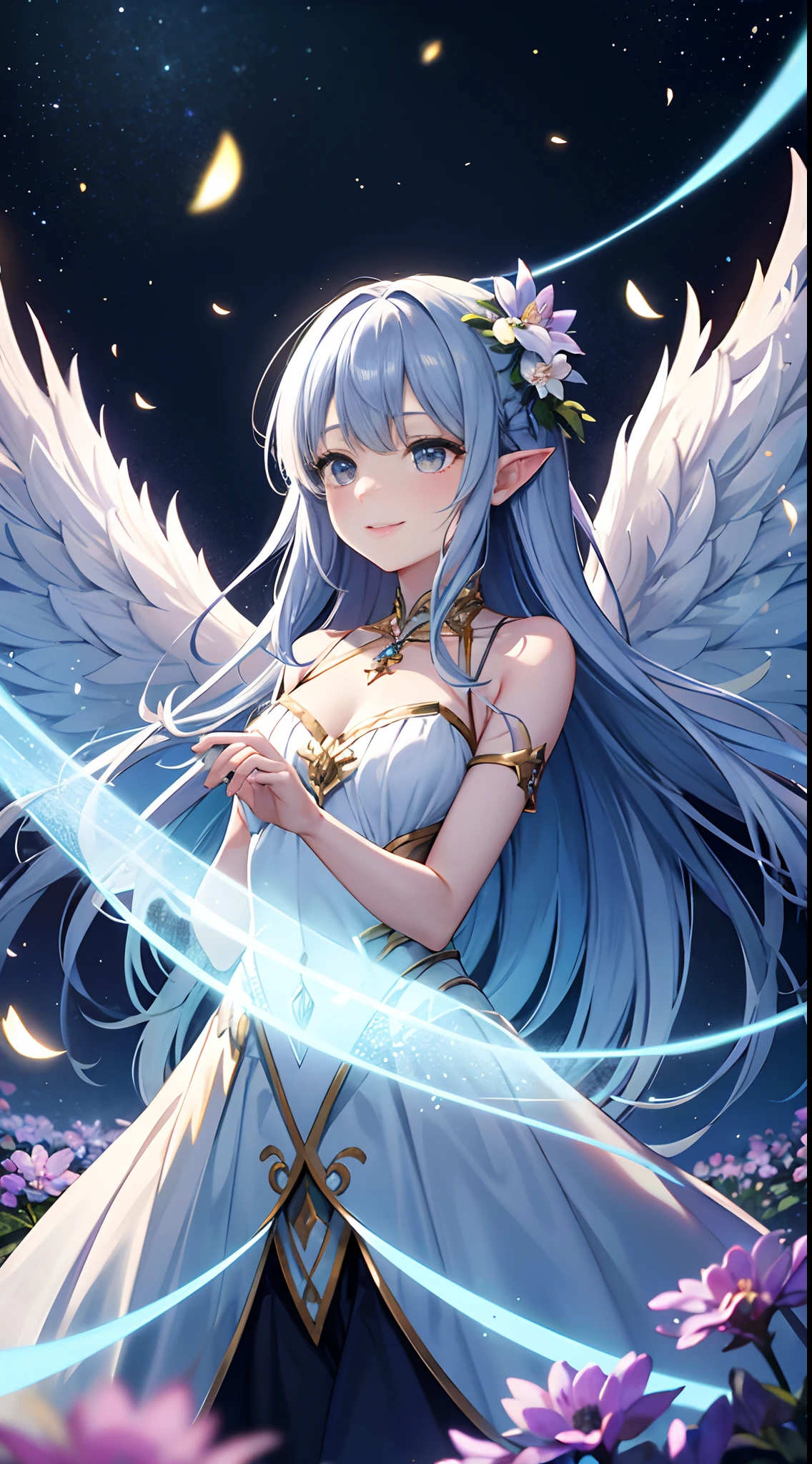 In a realm of enchantment, within a magical forest, a mystical fairy girl emerges, Light blue long hair、Twin-tailed、adorable smiling、a radiant being adorned in gossamer threads of moonlight. Her skirt, woven from petals and stardust, shimmers with an iridescent glow, reflecting the celestial canopy above. Flowering trees々As she flutters her wings in the midst of sparkling fireflies, the air resonates with the ethereal symphony of nature's whispers, Creating a field where dreams and reality are intertwined，Forming a dance of pure charm.