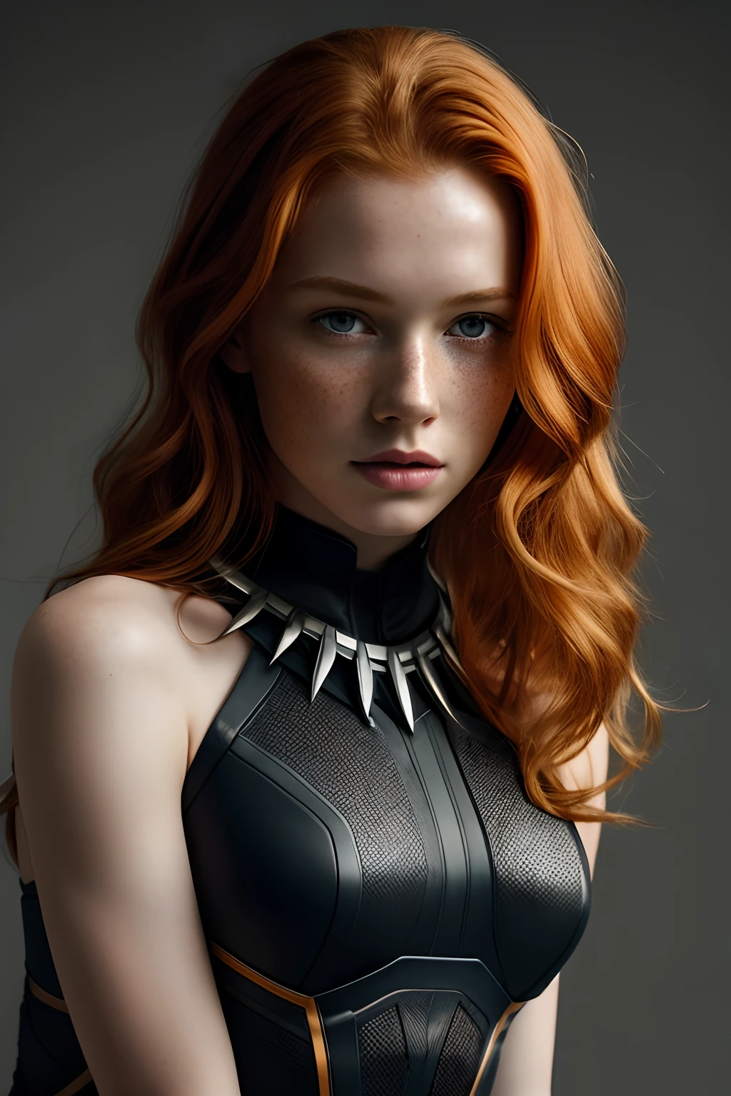 1girl in, 19, Solo, Aesthetic artwork, irish redhead, wavy ginger hair, shoulder length ginger hair, light grey eyes, some small freckles, pale skin, A-cup, small breasts, runners body, (textured skin, skin pores:1.1), (moles:0.8), imperfect skin, goosebumps, wearing black panther costume, Wakanda forever, Africa background, very background, (action shot, crouching, 1.25), (extremely detailed 8k wallpaper), (hard lighting), high quality, film grain, Fujifilm XT3 sharp focus, f 5.6, 50mm, High Detail, Sharp focus, (natural light), crazy details, complex details, hyperdetailed