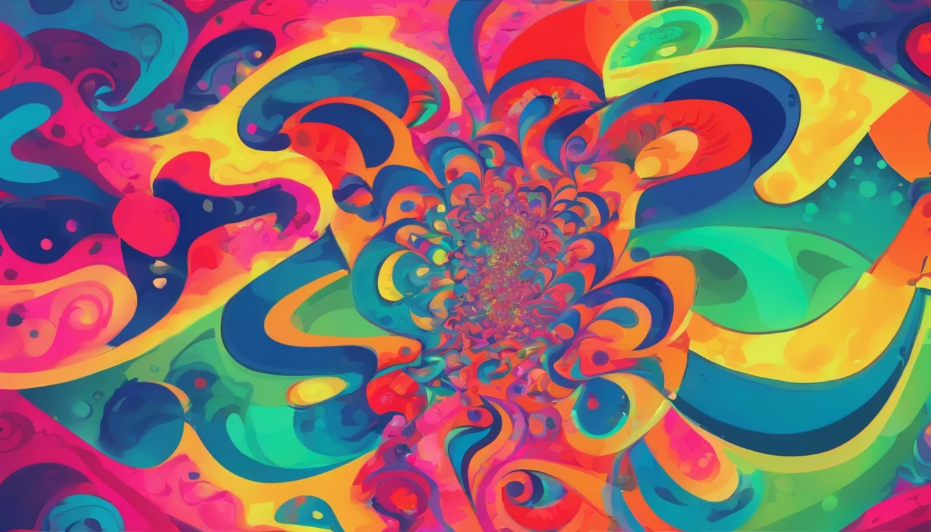 create a geometric pattern where the focus is the center of the image. include black, blue, green, pink, and red.