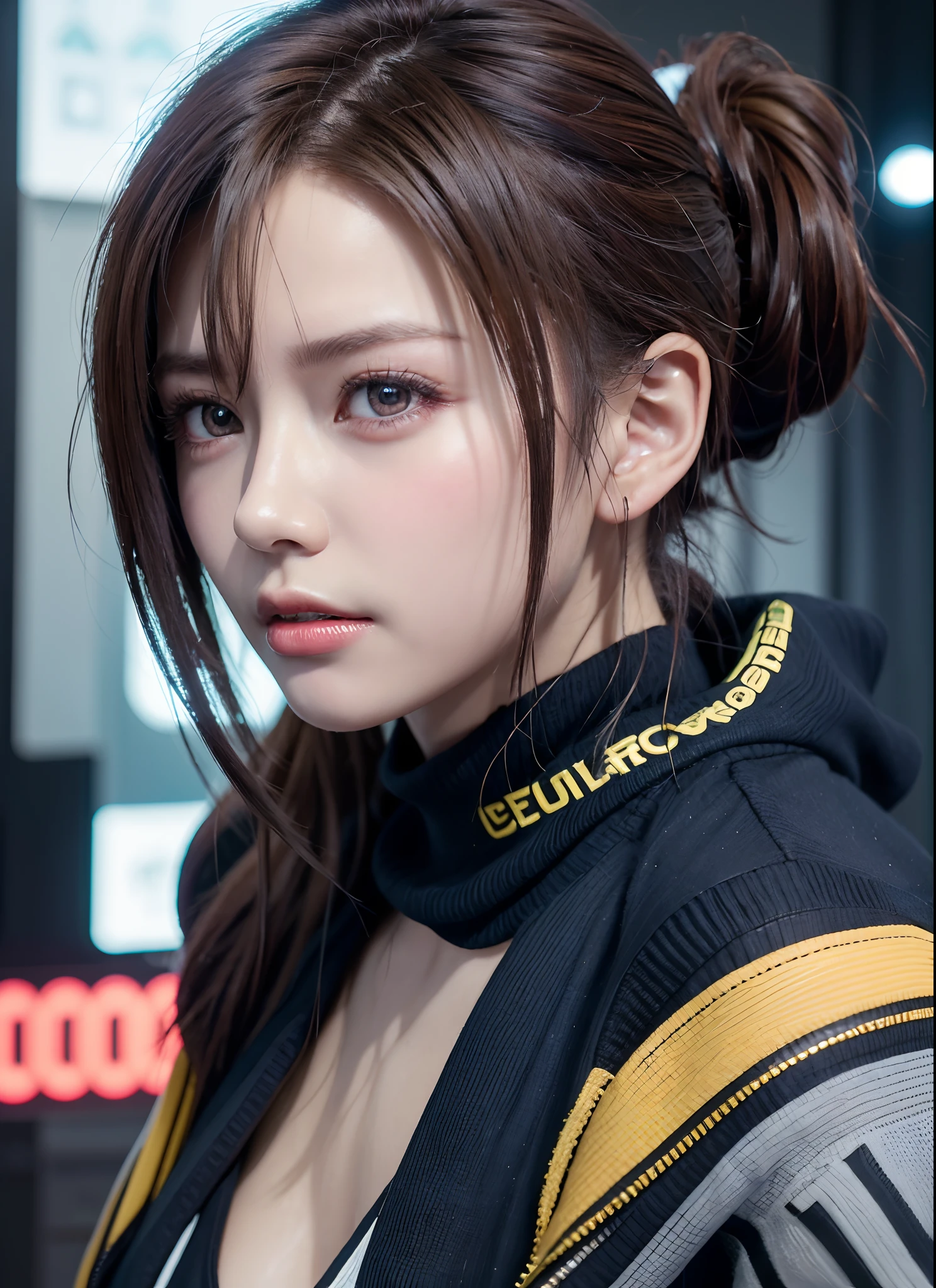 Wear cyberpunk complex streetwear, Beautiful, girl, detailed portrait, 4 k, Bright colors, Concept art, With a cinematic and dramatic atmosphere, Sharp Focus, Volumetric lighting, Cinematic lighting, Studio Quality