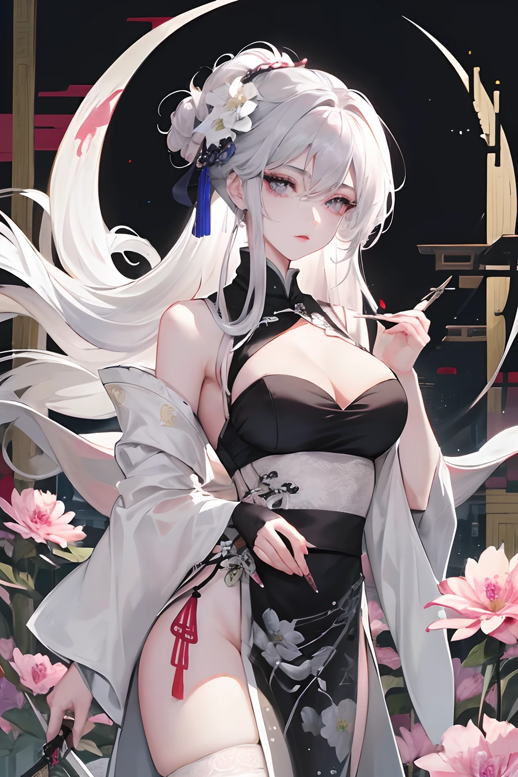 masterpiece, exquisite, night, full moon, one girl, mature, chinese style, ancient china, sister, royal sister, cold expression, expressionless, woman with long silver white hair, light pink lips, calm, intelligent, tribelt, gray pupil, assassin, short knife, flower ball background, cityscape walk