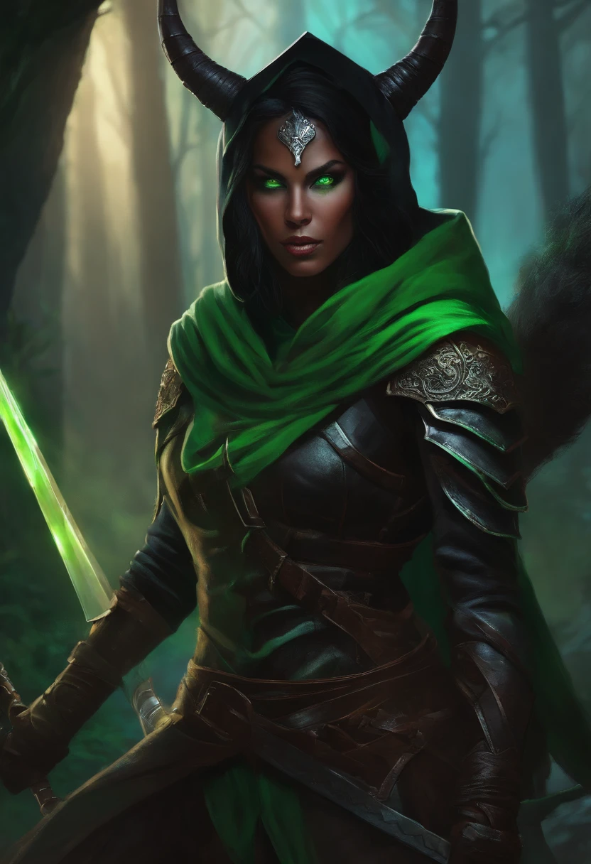 female tiefling in armor carrying a sword, black hair and glowing green eyes, with a hood and a mask